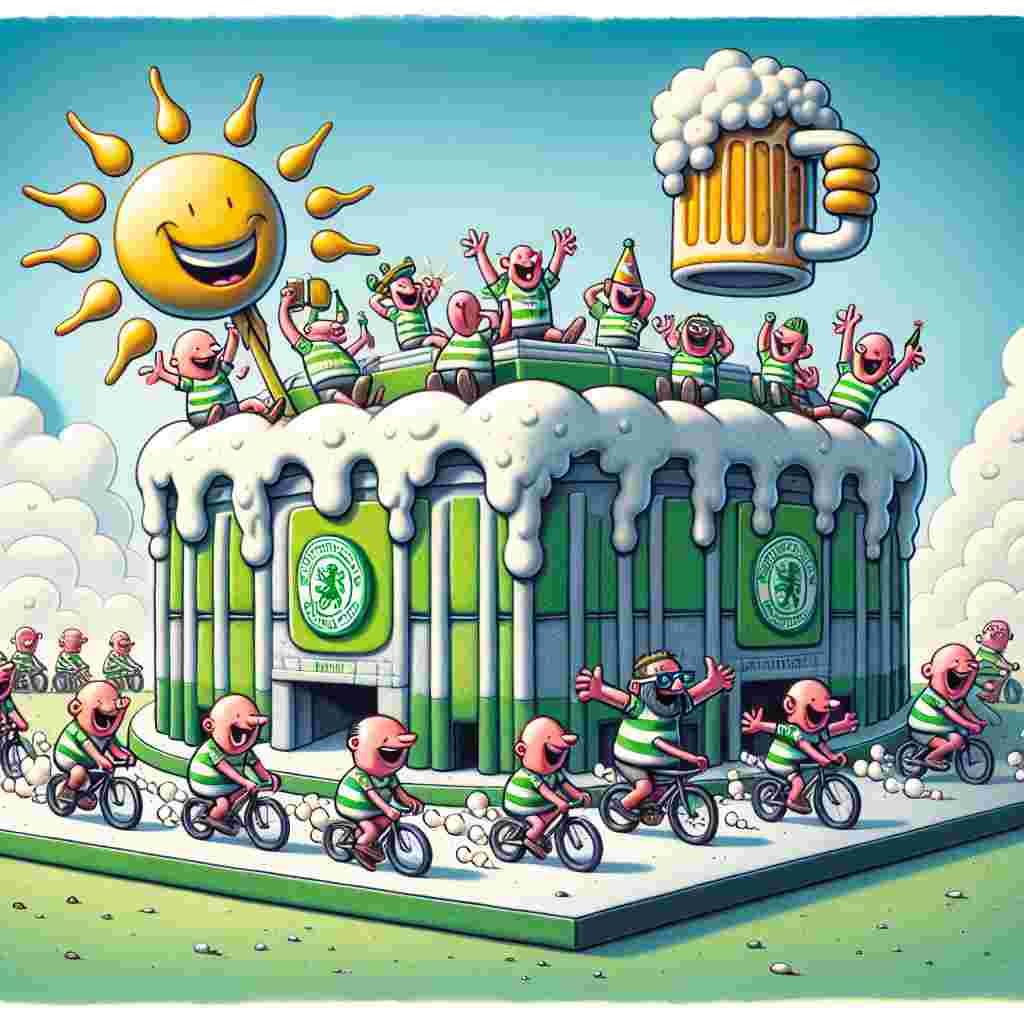 In a lighthearted, cartoon-style landscape, a festive birthday party is taking place with a unique theme. A large birthday cake positioned in the middle, mimics the inventive architecture of a popular football club stadium, artfully adorned with green and white frosting. Joyful cartoon characters, all wearing sports jerseys in the same green and white color scheme, ride around the cake on exaggeratedly large bicycles, leaving behind tracks of bubbly foam resembling beer. A smiley, offbeat sun hangs in the sky above, holding a foamy mug of beer, adding a peculiar toast to the ambiance of the celebration.
Generated with these themes: Celtic football club , Beer, and Cycling .
Made with ❤️ by AI.