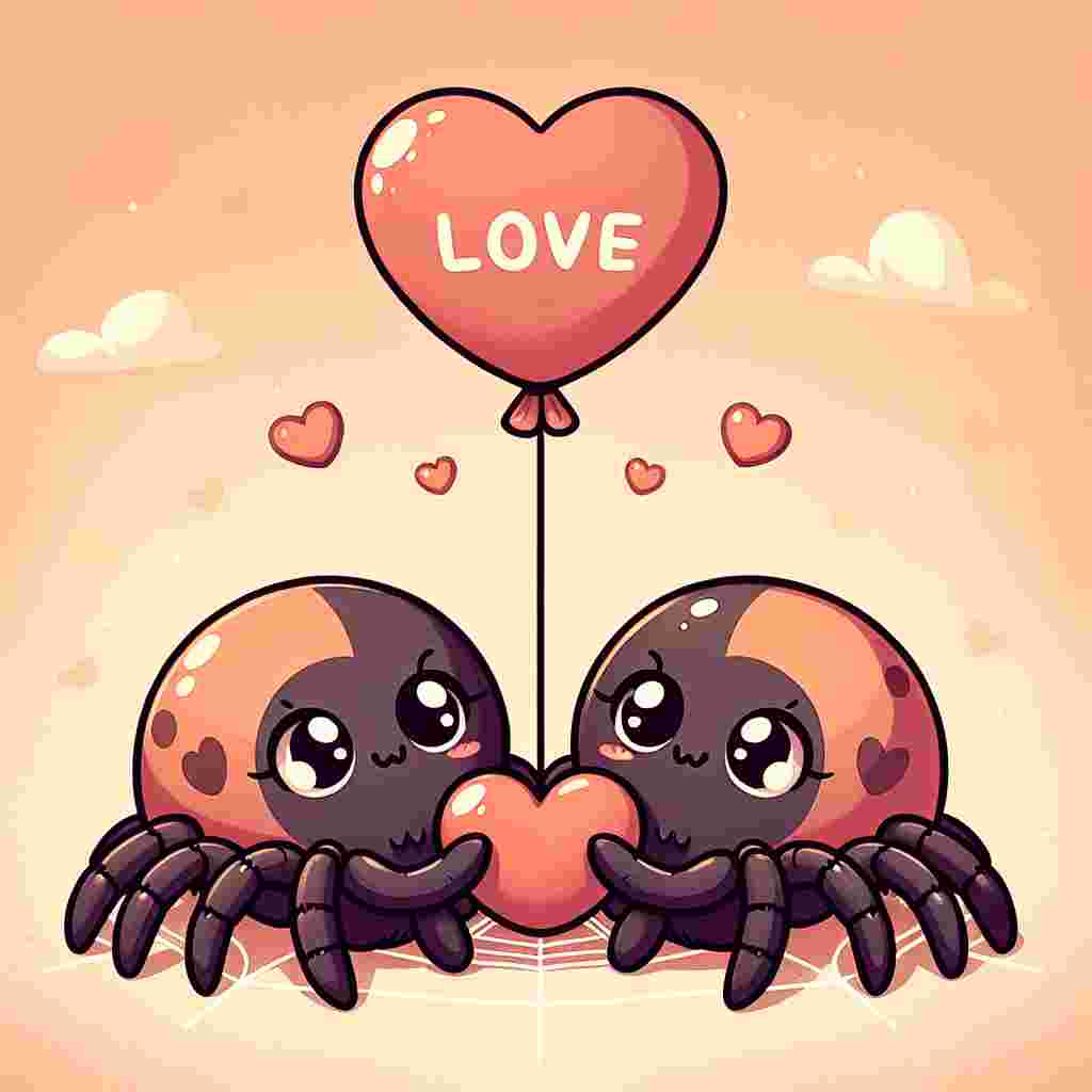Create a charming cartoon scene representing Valentine's Day. The image should feature an adorable pair of spiders, their eight legs intertwined, sitting together on a web that is adorned with little hearts. The background of the image should be a soft pastel orange which emphasizes the warmth and affection between the spiders. Floating above them, there should be a heart-shaped balloon with the word 'LOVE' printed on it in a playful font. The spider's mutual affection should be clearly represented, making it the centerpiece of this endearing illustration.
Generated with these themes: Spiders, Colour orange, and Love.
Made with ❤️ by AI.