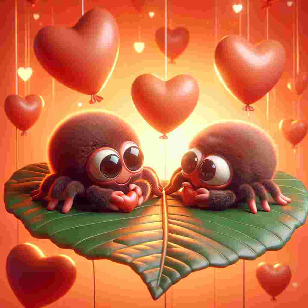 Render a charming Valentine's Day cartoon in which two affectionate, plush spiders are situated on a leaf, their comically large eyes looking at each other fondly. The leaf resides in a romantically warm, orange-themed setting. Inside this setting, the air is laden with heart-shaped orange balloons gently floating around, creating the perfect ambiance of love. A tender touch is added when the spiders clasp hands, conveying their affection in this whimsical display of Valentine's Day spirit.
Generated with these themes: Spiders, Colour orange, and Love.
Made with ❤️ by AI.