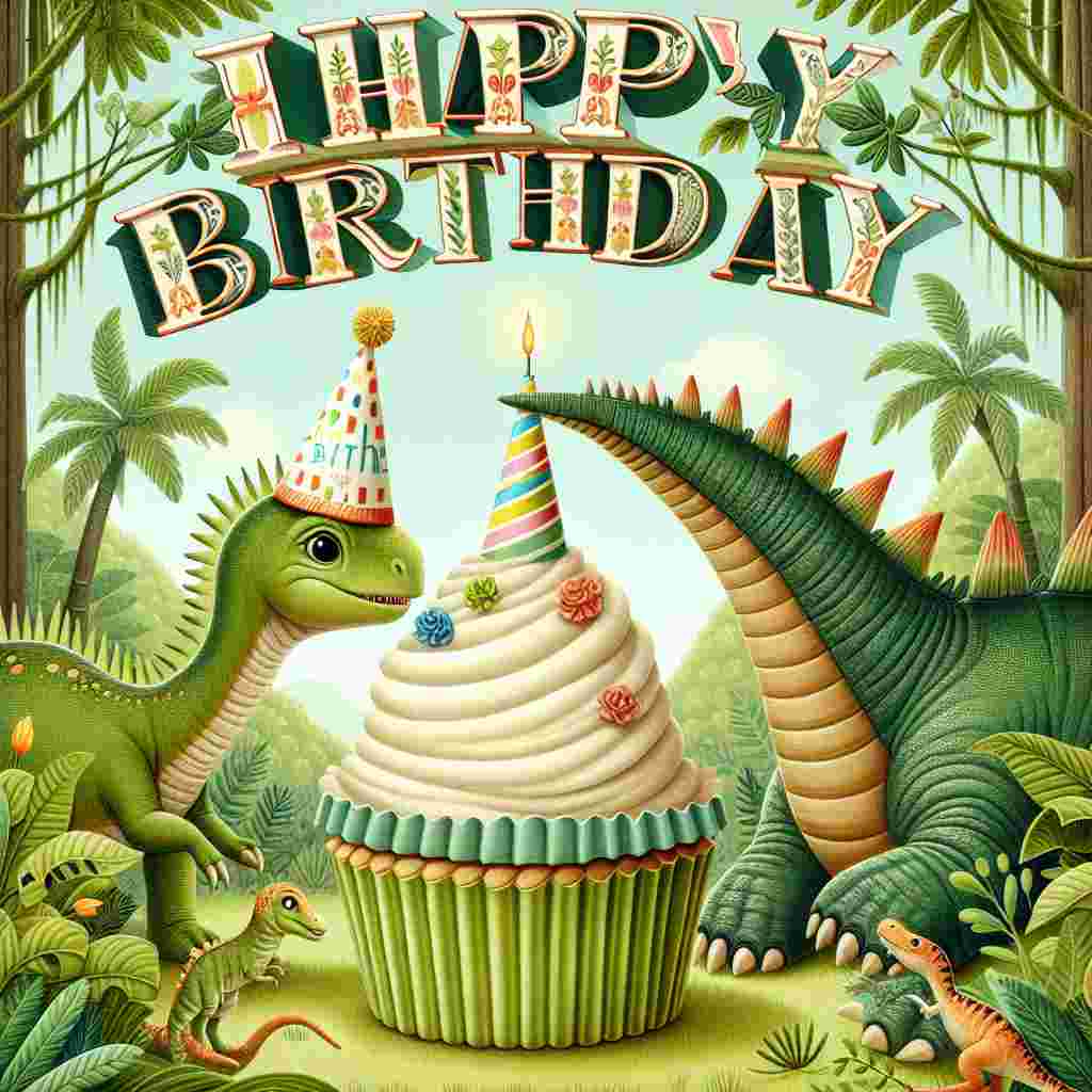 A charming birthday scene unfolds within a leafy jungle, where a baby Brachiosaurus wearing a cone-shaped party hat gently nudges a giant birthday cupcake with its nose. Above, the greeting 'Happy Birthday' is presented in bold, decorative letters strung across the treetops, with small dinosaurs playfully interacting with the letters.
Generated with these themes: dinosaur  .
Made with ❤️ by AI.