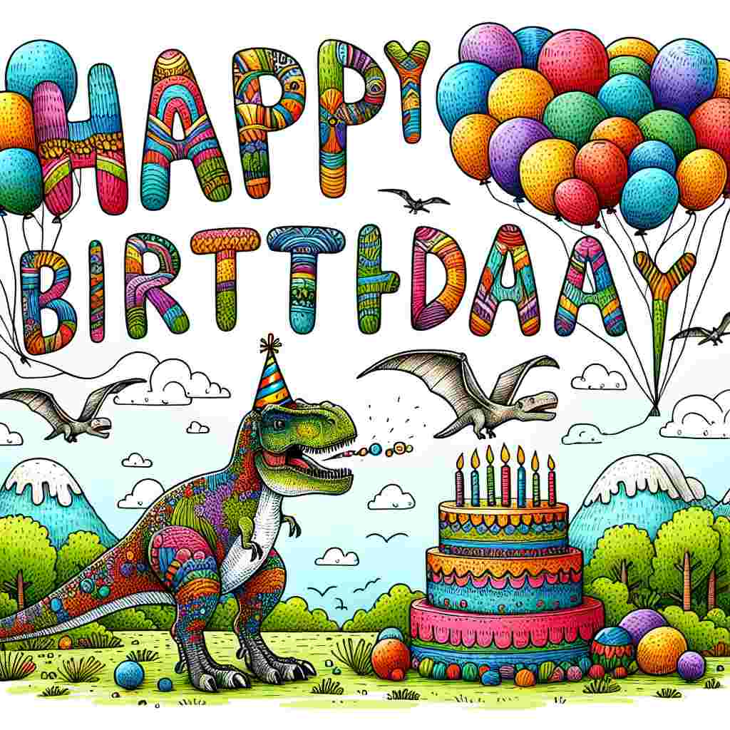 A whimsical drawing features a cheerful Tyrannosaurus Rex wearing a party hat, standing amidst a landscape filled with vibrant balloons and a large, colorful cake. In the sky, the words 'Happy Birthday' are written with playful letters, each carried by a different flying pterodactyl.
Generated with these themes: dinosaur  .
Made with ❤️ by AI.