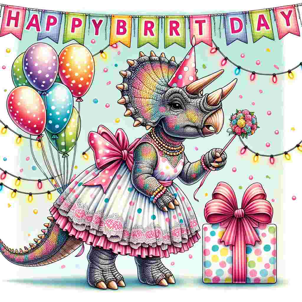 An adorable illustration showcases a Triceratops in a polka-dotted party dress, holding a balloon bouquet in one hand and a birthday present in the other. Behind it, a banner adorned with the text 'Happy Birthday' stretches across the top, underlined by strings of colorful party lights.
Generated with these themes: dinosaur  .
Made with ❤️ by AI.