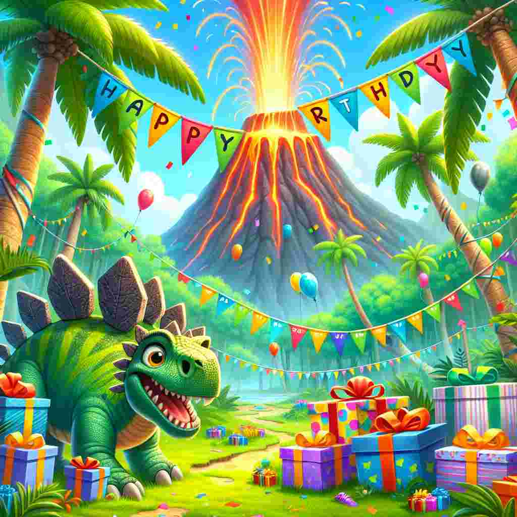 The scene is set in a prehistoric jungle where a cute, smiling Stegosaurus sits beside a pile of gifts wrapped in bright paper. Overhead, a banner flutters between palm trees, spelling out 'Happy Birthday', while a volcano in the background playfully erupts confetti.
Generated with these themes: dinosaur  .
Made with ❤️ by AI.