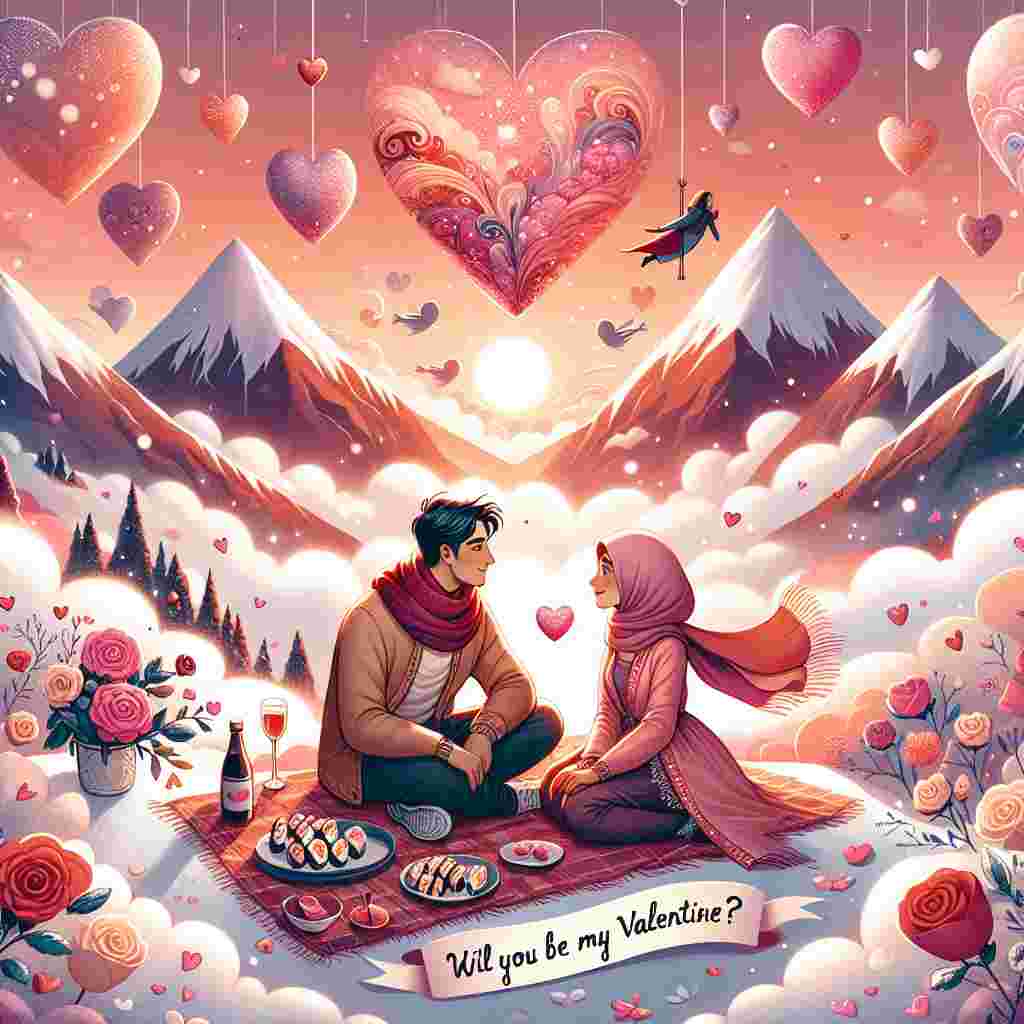 A whimsical Valentine's Day illustration with a romantic scene set against fluffy, snow-covered mountains in the background, colored in the warm hues of a setting sun. Floating in the air are hearts of various sizes, creating a magical atmosphere. In the foreground, a Caucasian man and a Middle-Eastern woman are enjoying a cozy sushi picnic, with a bouquet of roses nearby. As the sky behind them transitions into shades of pink and orange, the scene is enhanced by the elegant script text at the bottom reading 'Will you be my valentine?'
Generated with these themes: Romantic, Hearts, Snow covered mountains, Sun setting, Sushi, Roses, and Text: Will you be my valentine?.
Made with ❤️ by AI.