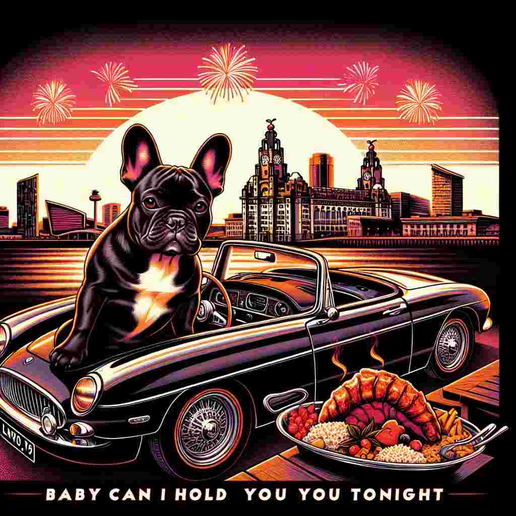An illustration showcasing a black and tan French bulldog comfortably positioned in the driver's seat of a polished black sleek car, situated under a picturesque skyline symbolizing Liverpool at the time of sunset. The canine creature exhibits a sense of contentment, directing its attention towards a romantic picnic intended for Indian cuisine, neatly arranged in the backseat. Fireworks paint the sentence 'Happy Valentine's Day' across the sky, while the soft and emotive lyrics, 'Baby can I hold you tonight,' echo from the car's stereo, contributing to an ambient setting flanked by scattered 80s music posters.
Generated with these themes: Black and tan French bulldog, Tracy Chapman "Baby can I hold you tonight" song, City of Liverpool, Black BMW car, Indian food , 80s Music , and Happy Valentines Day.
Made with ❤️ by AI.