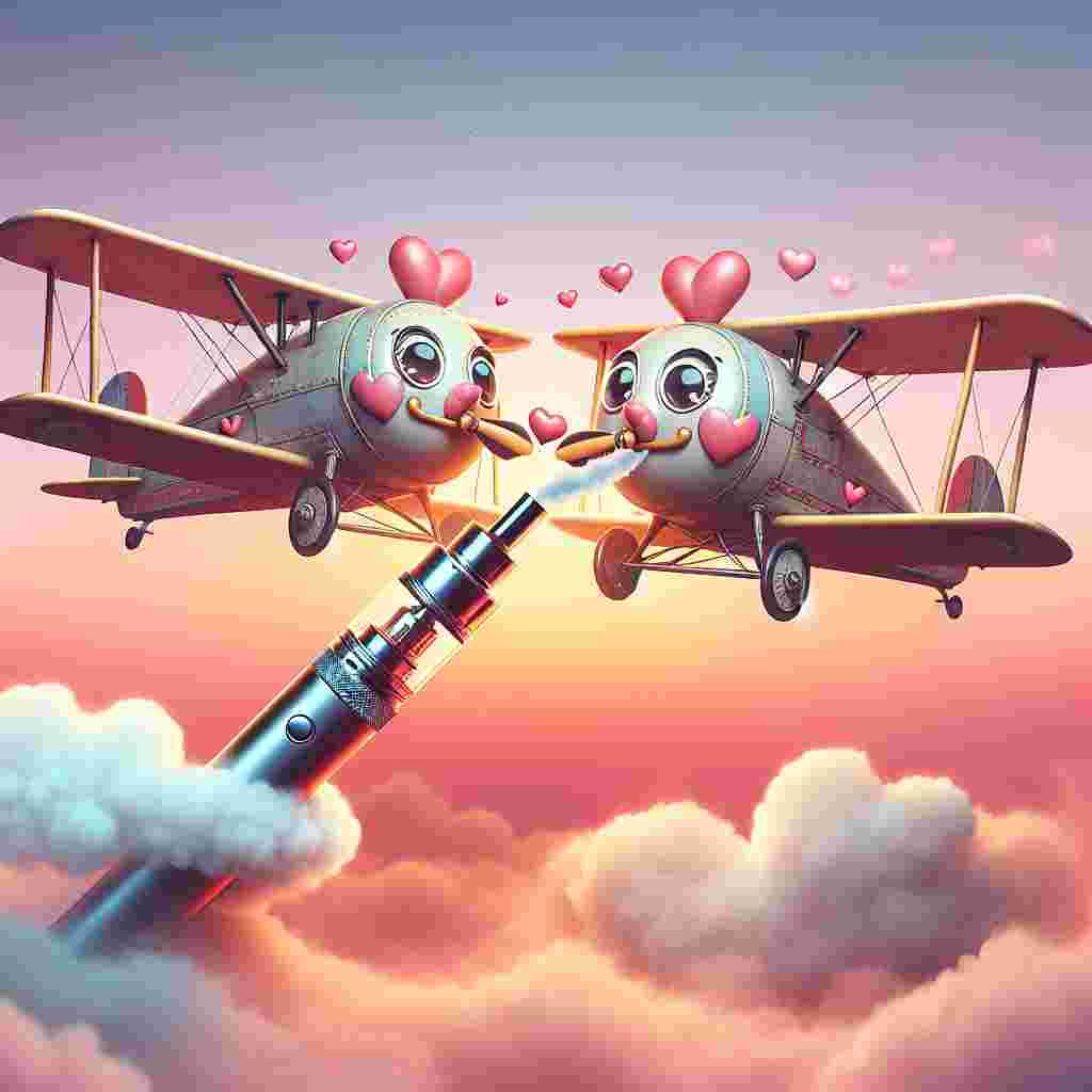Create an image that takes place against a pastel sunset backdrop, displaying the charm of Valentine's Day. The picture should show a delightful interaction between two vintage-style airplane characters adorned with hearts. These planes aren't just machines, but characters with expressive eyes. They are flying close together, sharing a shy look that hints at a potential love story. Below them, there's an unexpected modern twist: a vaping device releasing a delicate puff of smoke that forms heart shapes. This unique detail brings a contemporary touch to this otherwise enchanting, conventional Valentine's representation.
Generated with these themes: Planes, and Vape.
Made with ❤️ by AI.