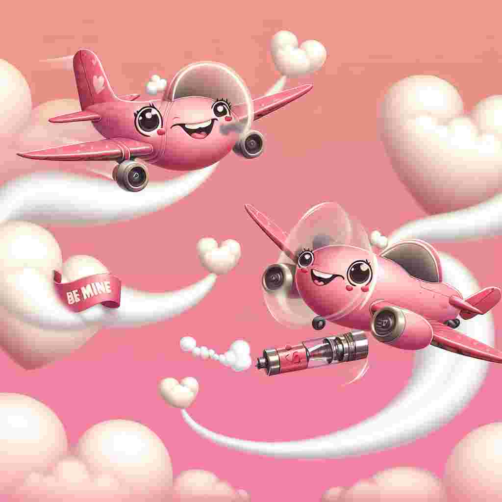 Create an image illustrating a playful Valentine's Day scenario featuring two animated smiling airplanes, each blush-tinted and looking cartoonish, flying across a sky tinted a love-infused pink. The airplanes are leaving behind trails of soft white hearts, not unlike fluffy clouds. One plane sports a ribbon emblazoned with the phrase 'Be Mine' while the other holds a banner stating 'Love is in the Air'. In between them is the subtle hint of a heart-shaped vapor cloud, produced not unlike a vape, weaving itself amidst the paths of the planes, adding a contemporary spin on the concept of romantic connection.
Generated with these themes: Planes, and Vape.
Made with ❤️ by AI.