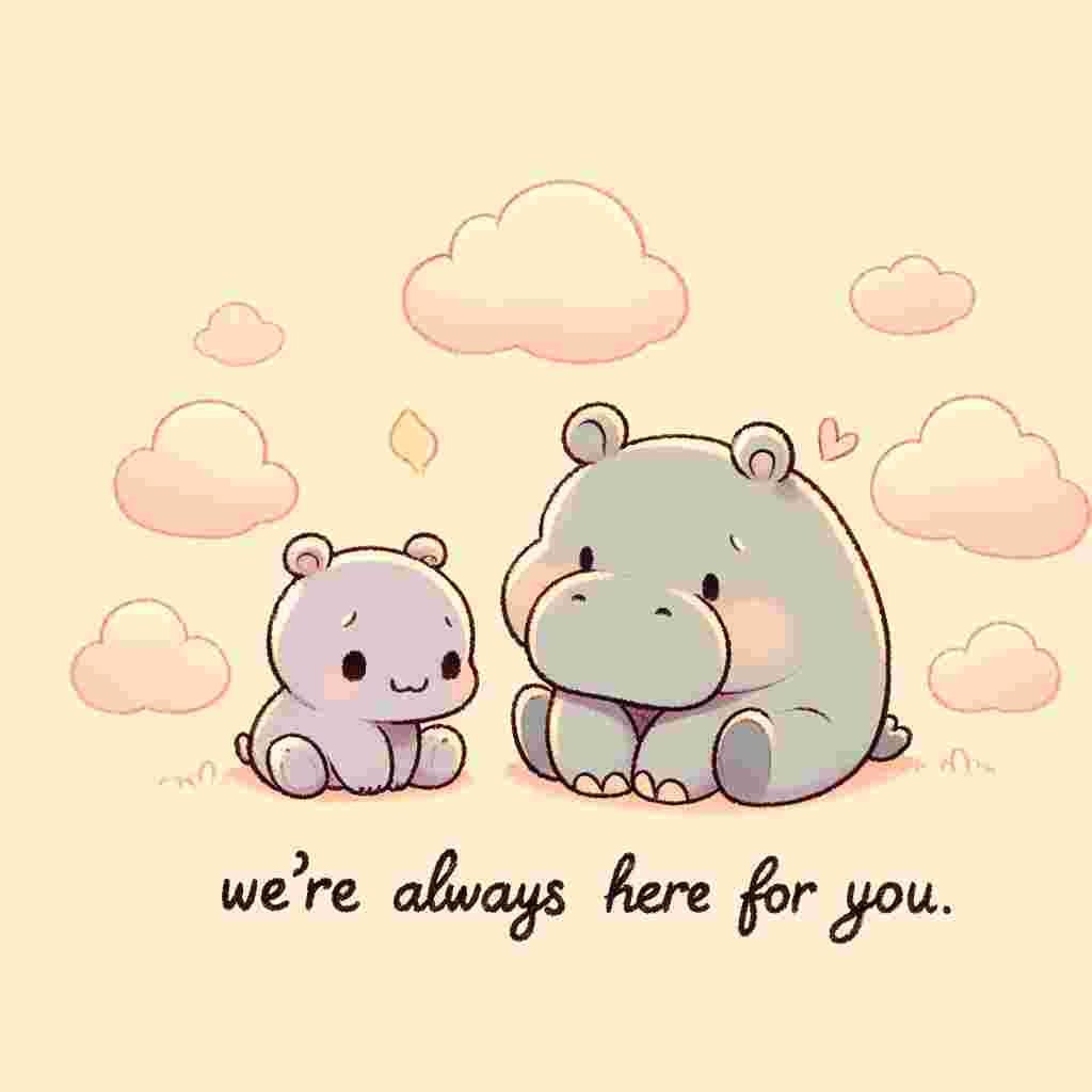 A warm, pastel-colored illustration featuring a small, sympathetic cartoon hippo sitting beside a larger, downcast hippo. Both are surrounded by soft, fluffy clouds that offer a sense of comfort. The smaller hippo, with a gentle smile, extends a comforting paw towards its friend. Above them, in a delicate, hand-written font, the phrase 'We're always here for you' is included, juxtaposed with the heartwarming scene to preserve the supportive atmosphere.
Generated with these themes: Sorry you're fat loser.
Made with ❤️ by AI.