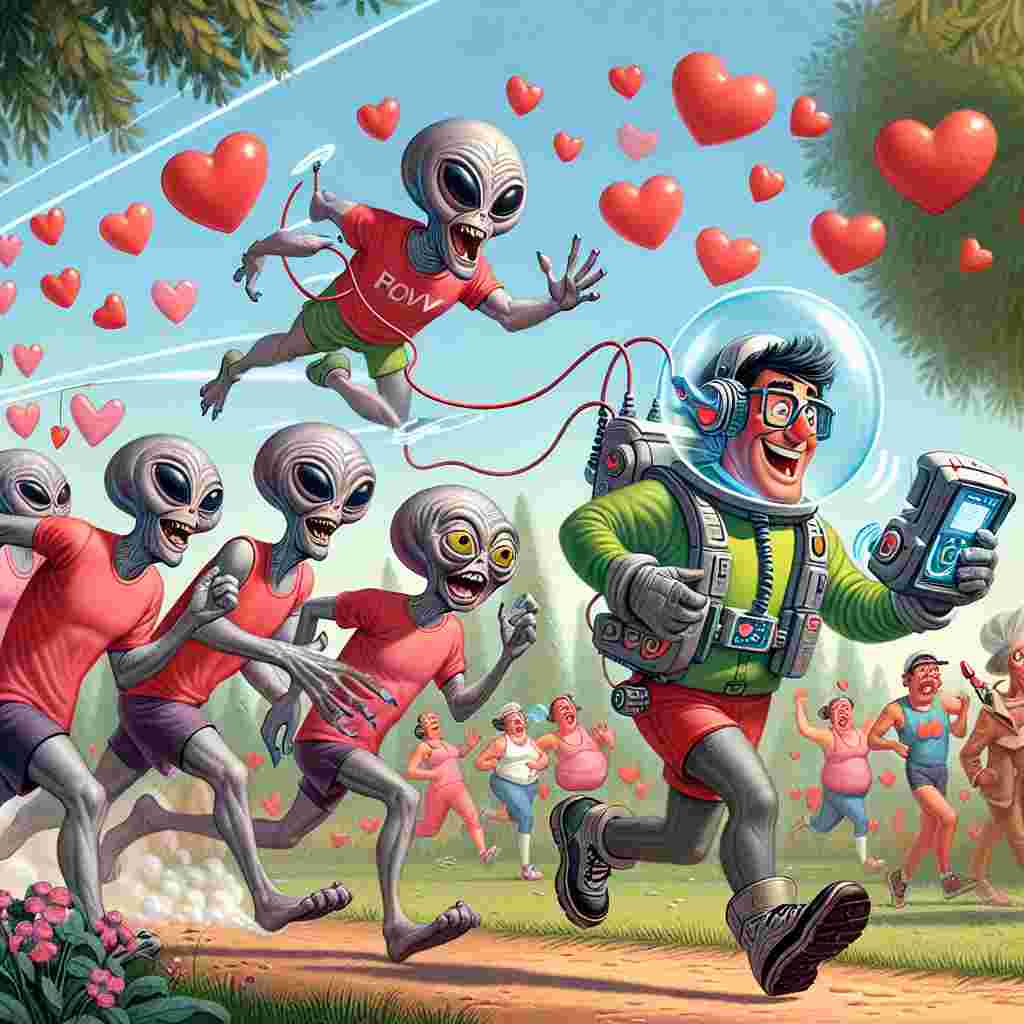 A humorous scene, themed around the joyous celebration of Valentine's Day, unfolds with a sci-fi explorer, sporting a futuristic handheld device, enthusiastically guiding a diverse group of comical extraterrestrials around a community run in the park. Each of the aliens is humorously grappling with the concept of jogging. One alien is attempting to run upside down, while another alien is merrily floating around in a transparent sphere. Love hearts emanate from the sci-fi explorer, transforming the park's lush flora with a range of Valentine's Day decorations, thus concocting a whimsical blend of space-age romance and physical fitness.
Generated with these themes: Star Trek character running a Parkrun.
Made with ❤️ by AI.