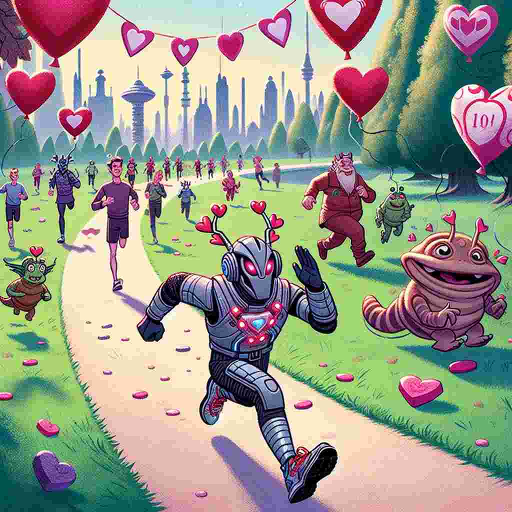 In this whimsical Valentine's Day cartoon, a fictional character from a popular space opera, characterized by their adventurous spirit, is seen sprinting at the front of a Parkrun, wearing running gear comically adorned with heart-shaped antennae. This character leads an endearing array of fantastical creatures behind them. Some struggle to keep pace, while others are pleasantly distracted by the floating treats of Valentine candies. The path is joyously strewn with festive decorations, including pink and red streamers, as well as balloons shaped like unique space faction symbols. All these elements are set against the backdrop of a cartoonishly drawn park filled with charming trees shaped like hearts.
Generated with these themes: Star Trek character running a Parkrun.
Made with ❤️ by AI.