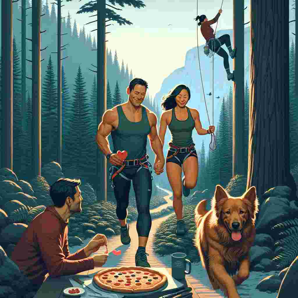 On Valentine's Day, a South Asian woman and a Hispanic man are trail running in the calm and serene mountains surrounded by dense forests. Their faithful duck-tolling retriever dashes along, maintaining pace with them. Later, they engage in rock climbing, their movements in perfect sync, the solid rock beneath their fingers reflective of their strong bond. As the day gives way to night, they retreat to a snug hideaway nestled in the woods, the smell of a freshly cooked pizza mingling with the pine's earthy scent, a serene end to a day of quiet festivities and shared hobbies.
Generated with these themes: Mountains and forests, trail running, climbing, duck-tolling retriever, pizza.
Made with ❤️ by AI.