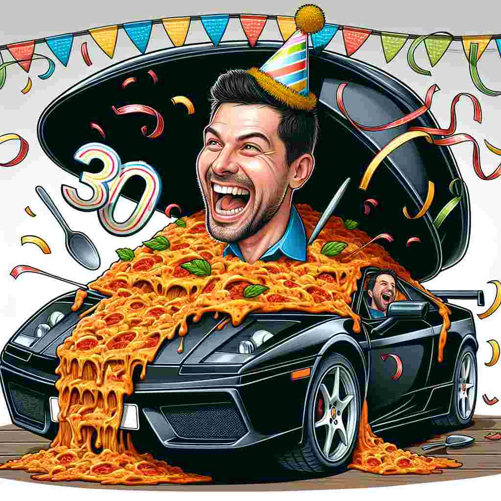 A joyful birthday scene with a caricatured version of a 30-year-old man of Caucasian descent at the center, celebrating his birthday with a lasagne-themed party hat. He is caught in a moment of laughter, sitting in a comically oversized black sports car that's bursting through a gigantic lasagne dish. Party streamers and the number '30' float around the car, creating a vibrant display of birthday cheer.
Generated with these themes: Nephew 30th birthday, Black Audi gti v5, and Lasagne.
Made with ❤️ by AI.