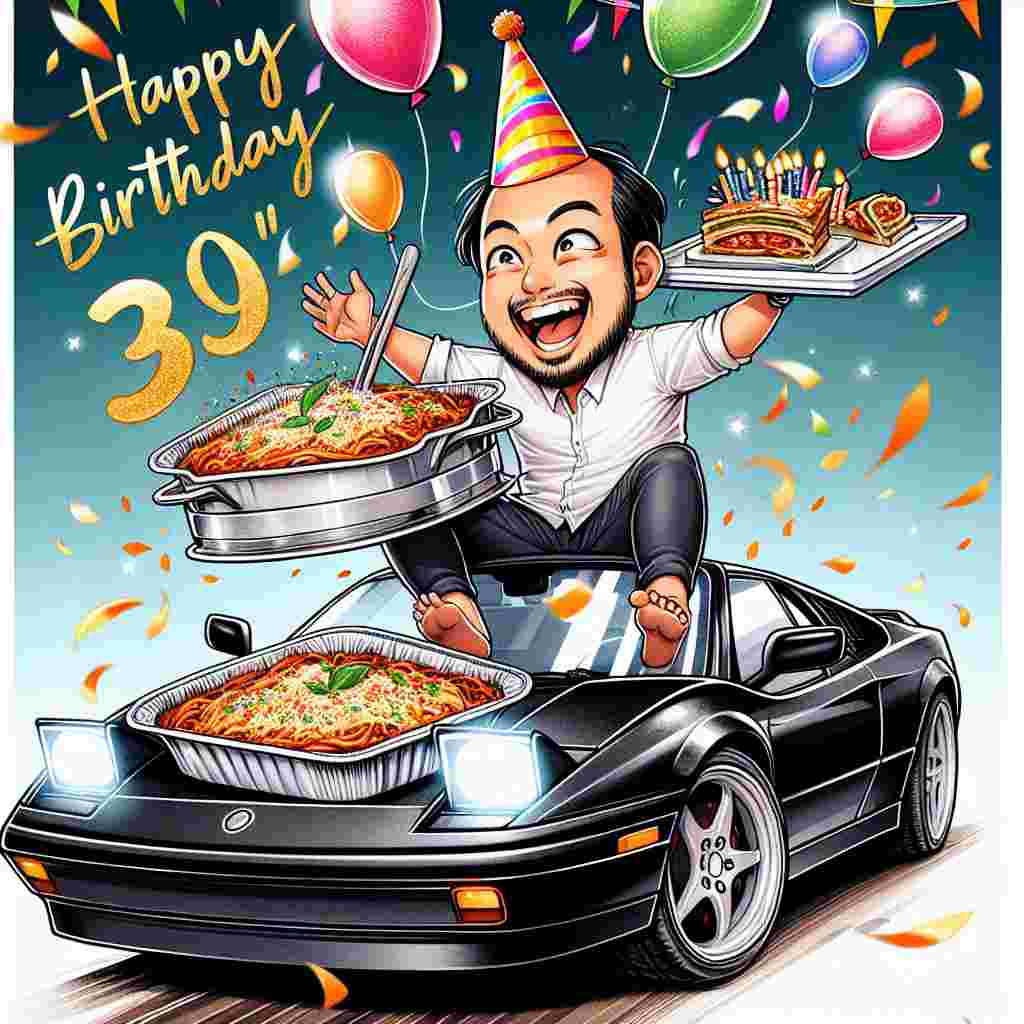 An entertaining illustration for a 30th birthday card showcasing a joyful nephew of South Asian descent sat behind the wheel of a generic sleek, black sports car. There's an exaggerated expression of joy on his face, a vibrant party hat is skewly resting on his head, and a tray full of lasagne is precariously sitting atop the car's roof. Amidst the enchanting and delightful celebration, a swirl of vivid balloons and shimmering confetti showers around him.
Generated with these themes: Nephew 30th birthday, Black Audi gti v5, and Lasagne.
Made with ❤️ by AI.
