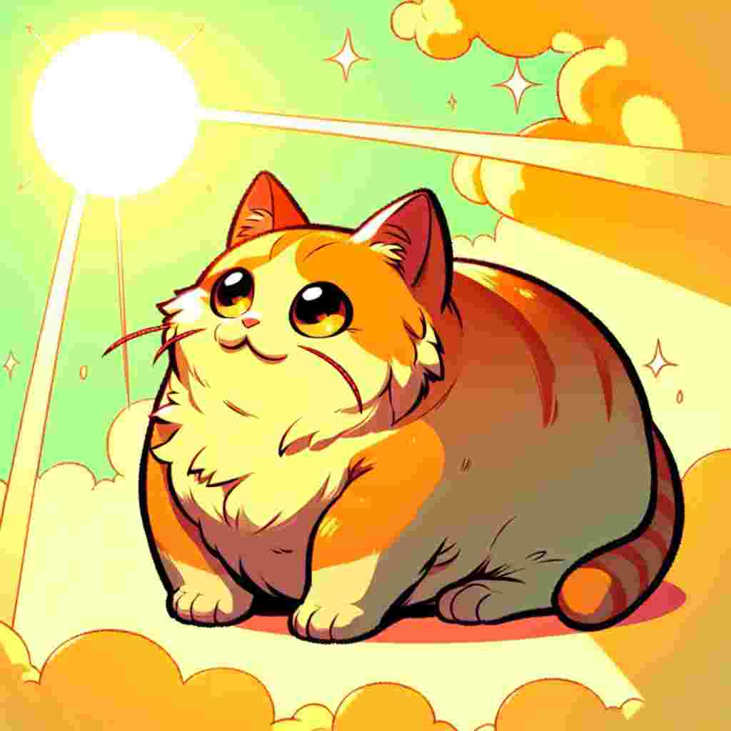 Imagine a delightful cartoon scene under the sun. In the center, a portly adult cat of no particular breed catches your gaze. The cat's chubby figure is cloaked in a soft, fluffy coat of orange fur that gleams brightly under the animated sun. Its glowing yellow eyes are full of warmth and curiosity, drawing those who behold it into the playful universe it inhabits.
.
Made with ❤️ by AI.