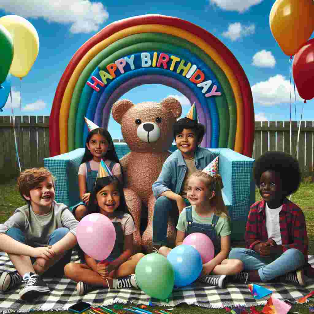 An outdoor picnic scene is brought to life with four children sat cross-legged on a checkered blanket, surrounded by balloons and a giant, teddy bear-shaped piñata. In the sky, a vibrant rainbow with the phrase 'Happy Birthday' arcs over the cheerful gathering.
Generated with these themes: 4th kids  .
Made with ❤️ by AI.