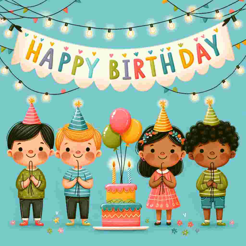A charming illustration depicts a group of four diverse children holding balloons and wearing party hats, standing in front of a colorful cake with four candles. Above them, in playful lettering, the text 'Happy Birthday' is hung as a banner with a string of small lights.
Generated with these themes: 4th kids  .
Made with ❤️ by AI.