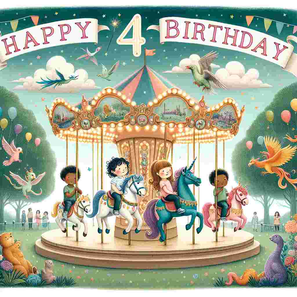 The scene shows a whimsical park setting with four kids – each representing their 4th birthday – joyously riding a carousel of fantastical creatures. Above the carousel, clouds form the words 'Happy Birthday', bringing an enchanting touch to the illustration.
Generated with these themes: 4th kids  .
Made with ❤️ by AI.