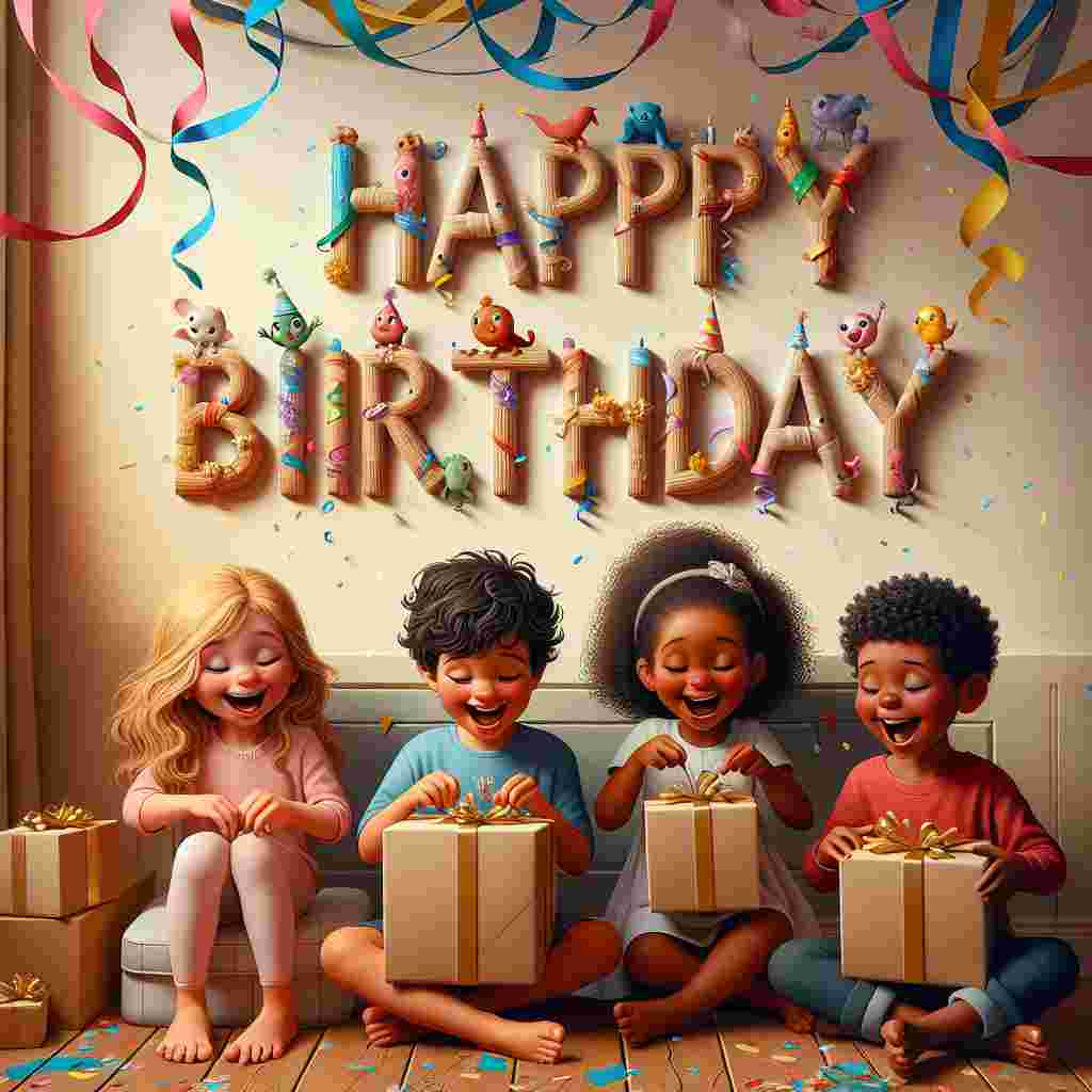 In a cozy room decorated with streamers and confetti, four kids are seen giggling as they open presents. Behind them, a wall features a large, beautifully illustrated 'Happy Birthday' message, with each letter cradling tiny cartoon animals.
Generated with these themes: 4th kids  .
Made with ❤️ by AI.