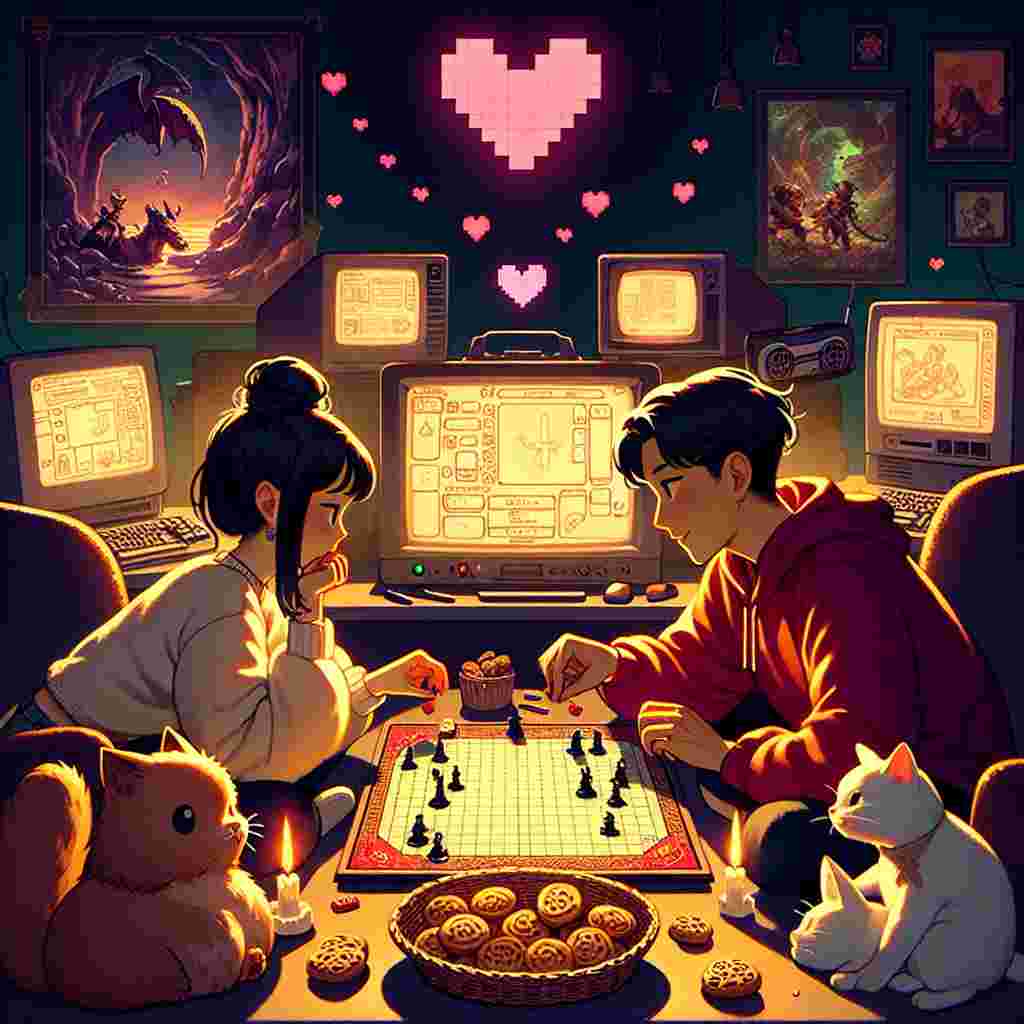 Generate an image of a warm and inviting Valentine's Day setting inspired by the world of Dungeons and Dragons. The scene at the center comprises a couple; an Asian female and a Middle-Eastern male, sitting around a table, utterly absorbed in playing a board game. Dim light emanating from nearby computer screens, featuring retro games, softly illuminates their figures. There's a basket near them filled with heart-shaped cookies, enticing anyone who may glance their way. Contributing to the overall delightful atmosphere of the setting are some playful cats with pixel-art hearts floating above their heads, happily purring while snuggling near the gaming pair.
Generated with these themes: Dungeons and Dragons, Computer games, Cats, Cookies, and Board Games.
Made with ❤️ by AI.