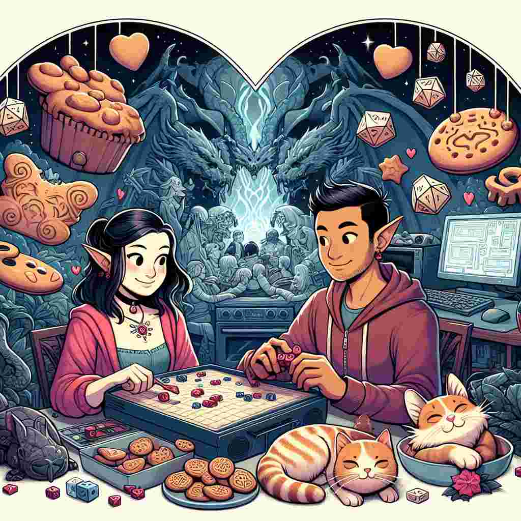 Create a detailed Valentine's Day illustration with a unique blend of gaming and romance. Visualize a fanciful Dungeons and Dragons setup in the middle, with a South Asian male and Hispanic female gamer deeply engrossed in an intense board game match. Picture a couple of cats, resting leisurely and playfully swatting at dice on the side. Envision the background filled with elements from computer games with subtle nods to gaming culture. Emanating from an oven in the scene, depict freshly-baked cookies shaped like gaming controllers and mystical creatures, adding a uniquely charming ambiance to the composition.
Generated with these themes: Dungeons and Dragons, Computer games, Cats, Cookies, and Board Games.
Made with ❤️ by AI.