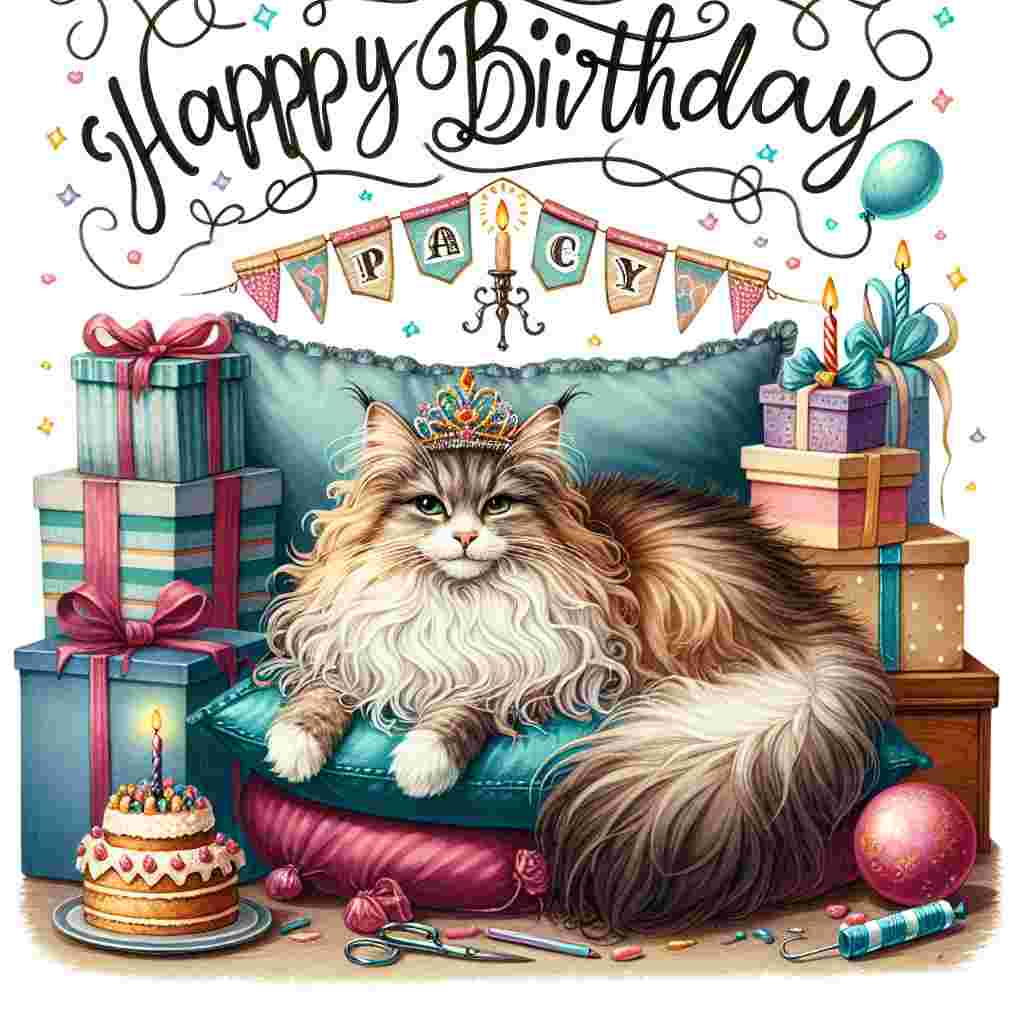In this illustration, a serene LaPerm cat is depicted lounging comfortably on a cushion, surrounded by birthday-themed elements such as a cake, gift boxes and a party banner. The words 'Happy Birthday' arch gracefully above the scene, scripted in elegant lettering to complement the overall sweetness of the card.
Generated with these themes: LaPerm Birthday Cards.
Made with ❤️ by AI.