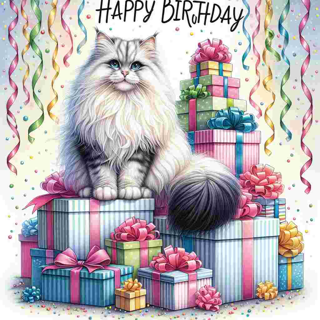 An adorable birthday card illustration showcases a fluffy LaPerm cat sitting atop a present pile. Streamers cascade in the background while 'Happy Birthday' is prominently displayed in a bold, joyful font across the top of the card. The cat's playful expression adds warmth to the celebratory atmosphere.
Generated with these themes: LaPerm Birthday Cards.
Made with ❤️ by AI.
