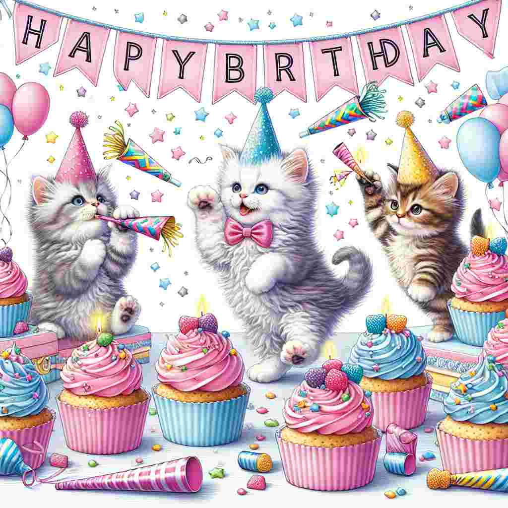 This delightful LaPerm Birthday Card captures a group of LaPerm kittens playing amidst a festive setting of cupcakes and party blowers. A banner with the text 'Happy Birthday' stretches across the top, its vivid colors popping against a pastel-hued backdrop.
Generated with these themes: LaPerm Birthday Cards.
Made with ❤️ by AI.