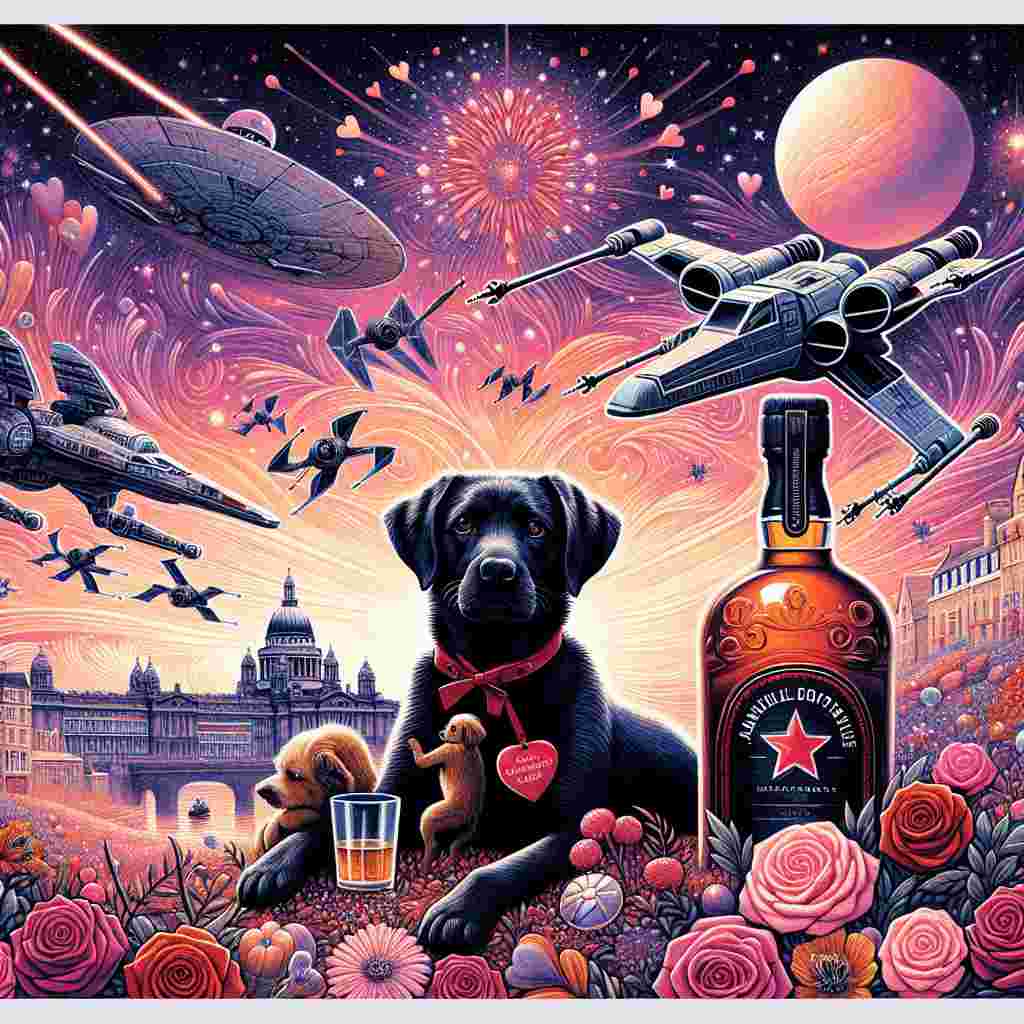 Create an enchanting illustration encapsulating the magic of Valentine's Day. The central figure is a lovable black Labrador, adorned with a red heart-shaped tag, curiously resting beside a bottle of amber whiskey. The backdrop paints a motif of the iconic cityscape of Newcastle transitioning into a mystical horizon of an imagined galaxy. Silhouettes of advanced starships, reminiscent of TIE fighters and X-wings, orbit around a bouquet of exotic alien flowers, representing a cosmic love story. Adding vitality to the scene, an unidentified couple is depicted cruising through on a motorbike. Their journey is marked by a friendly helicopter, painted in soft blush color, which showers the city below with a flurry of heart-shaped confetti.
Generated with these themes: Black labrador, Star wars, Aliens, Newcastle, Whiskey, Motorbikes, and Helicopter.
Made with ❤️ by AI.