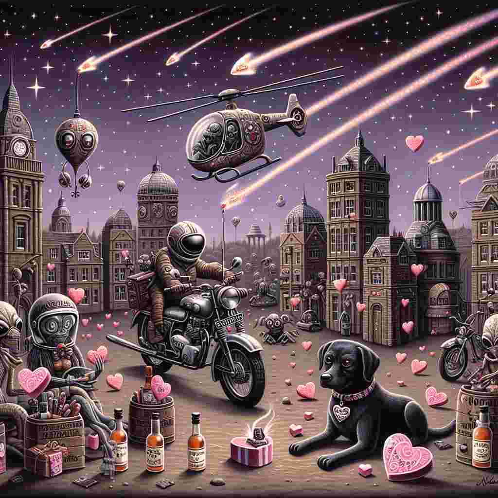 In the spirit of Valentine's Day, a love story is unfolding on a distant planet. A sky filled with twinkling stars envelops an architectural landscape inspired by the iconic buildings of Newcastle, now inhabited by friendly extraterrestrials. The curious creatures are seen exchanging heart-shaped chocolates in a show of camaraderie. A motorbike, decorated with motifs from a popular sci-fi series, sits centre stage with a black Labrador wearing a collar with a miniature alien wise-man charm. From above, a helicopter bearing the symbol of a rebel faction showers the scene with miniature whiskey bottles tied with pink bows. Ethereal vapour trails from fast-moving vehicles, printed with heart patterns, crisscross the sky, adding a whimsical touch to the earth-tone palette of this otherworldly illustration.
Generated with these themes: Black labrador, Star wars, Aliens, Newcastle, Whiskey, Motorbikes, and Helicopter.
Made with ❤️ by AI.