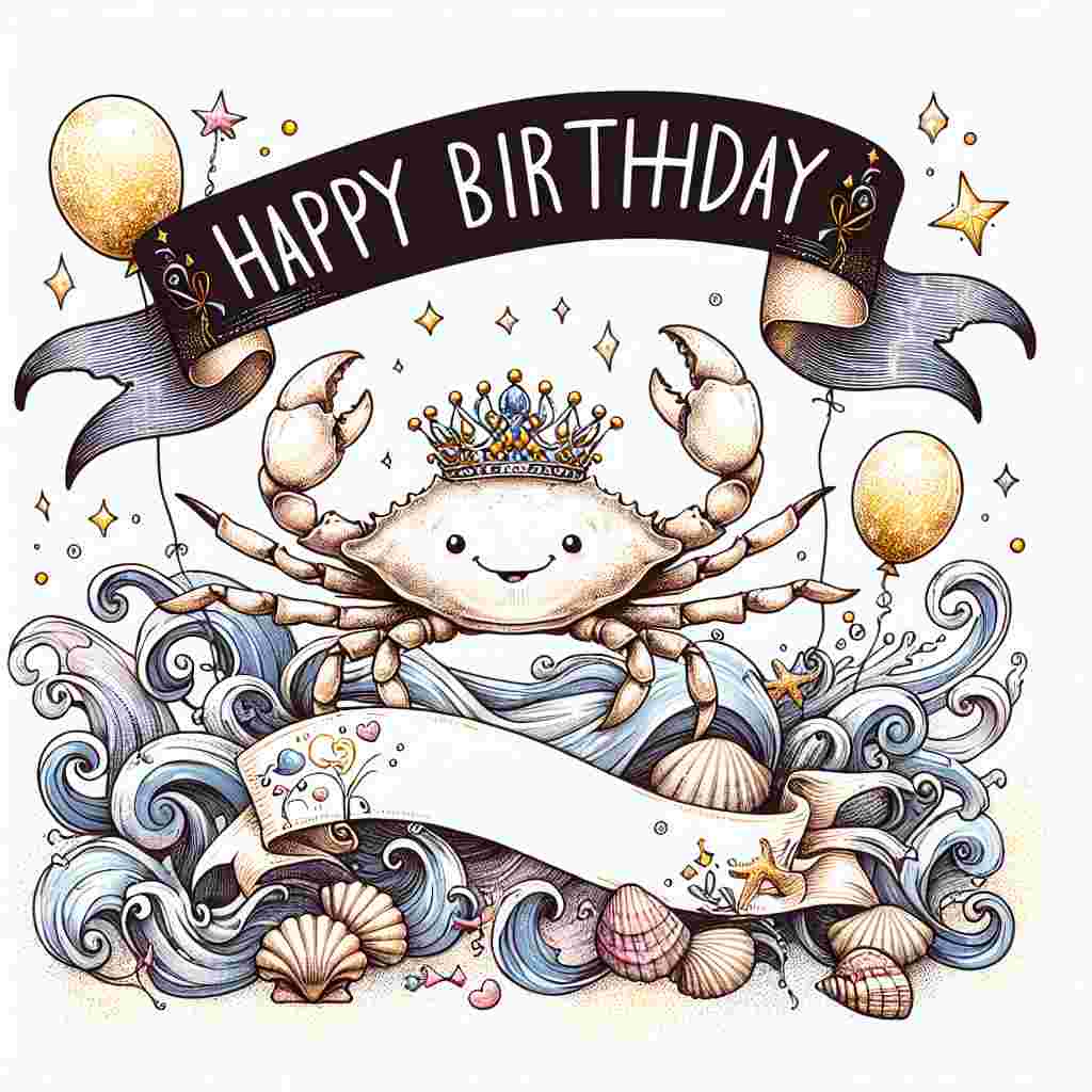 A playful, hand-drawn illustration of a cheerful crab wearing a birthday tiara, amidst a pattern of seashells and waves, symbolizing the Cancer sign. A banner with the text 'Happy Birthday' hangs across the top corner, complemented by floating balloons and a sprinkle of golden glitter for a magical touch.
Generated with these themes: Cancer Birthday Cards.
Made with ❤️ by AI.