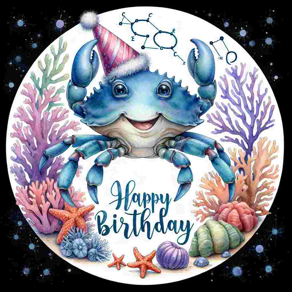 A charming watercolor illustration showcasing a cartoon crab in a party hat, surrounded by sea-themed decorations like coral and starfish, all within a circular frame. The Cancer constellation is subtly integrated in the background sky, and the words 'Happy Birthday' are included in elegant calligraphy at the top.
Generated with these themes: Cancer Birthday Cards.
Made with ❤️ by AI.