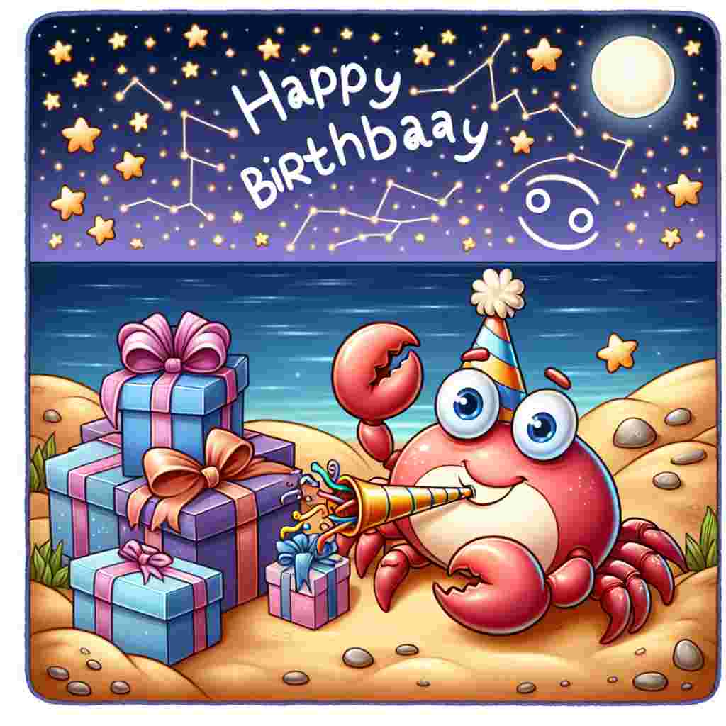 An adorable cartoon scene depicting a happy crab with a party blower in its mouth, sitting beside a present pile. The background features a beach setting with a star-filled night sky, incorporating the Cancer constellation. 'Happy Birthday' is prominently displayed in a fun, bubbly font above the scene.
Generated with these themes: Cancer Birthday Cards.
Made with ❤️ by AI.