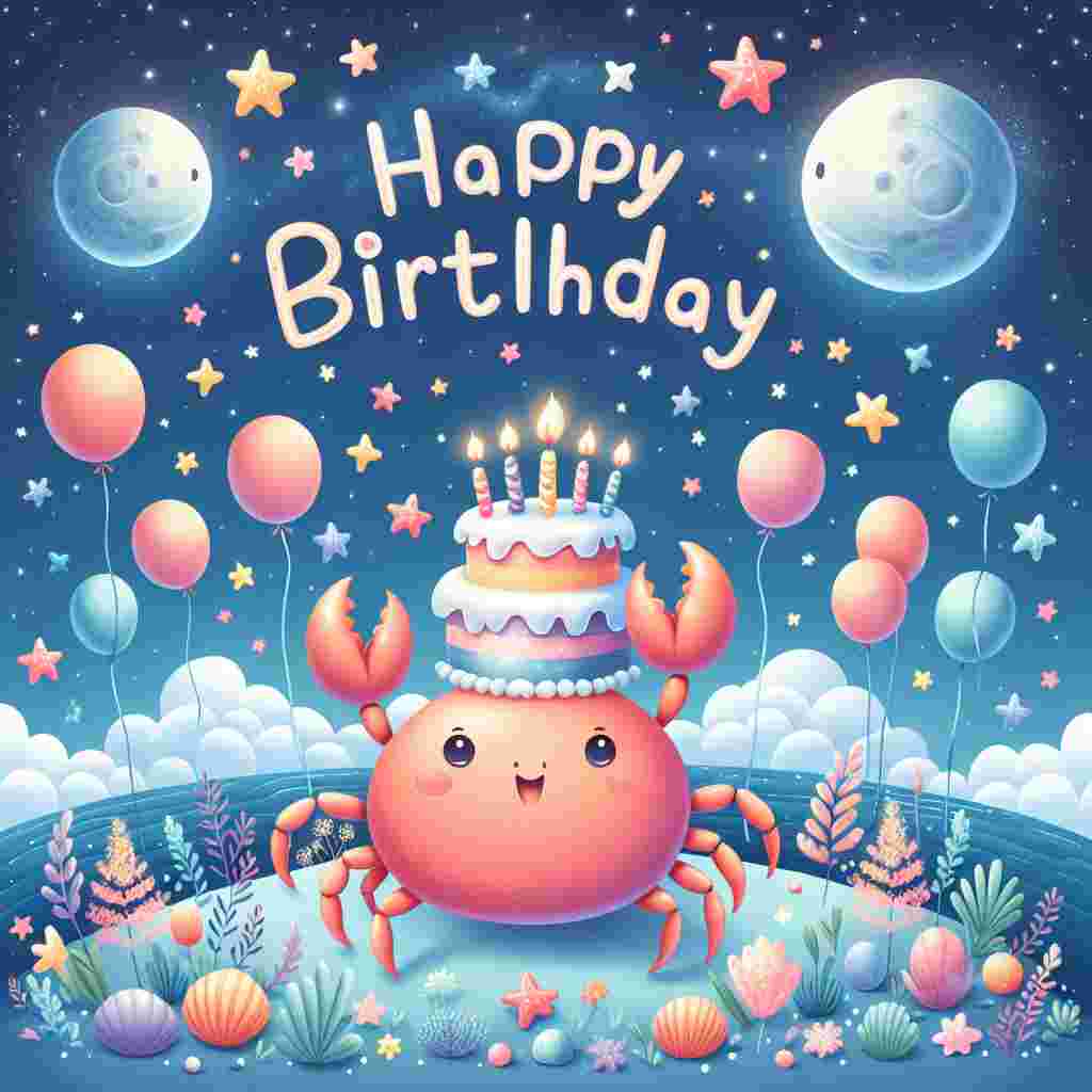 A whimsical illustration featuring a cute crab character holding a birthday cake with candles amongst a backdrop of stars and moons, representing the Cancer zodiac sign. The scene is adorned with pastel balloons and the phrase 'Happy Birthday' written in a playful font above the crab.
Generated with these themes: Cancer Birthday Cards.
Made with ❤️ by AI.