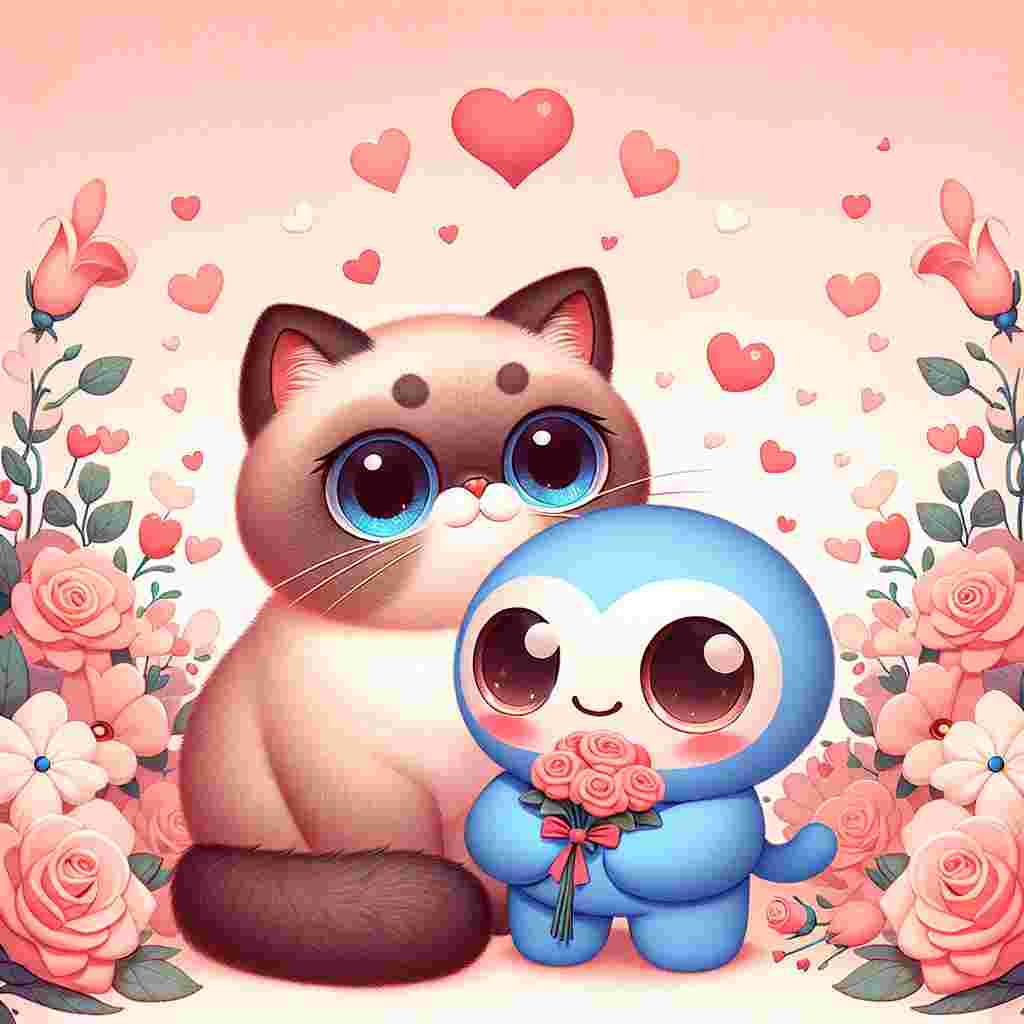 In this heartwarming Valentine's Day illustration, an endearing Exotic Shorthair cat, known for its round face and short plush coat, shares a tender gaze with a fictitious blue character with large eyes and circular ears. They're surrounded by an array of floating hearts and soft-hued flowers, contributing to a romantic atmosphere. The blue character holds a cartoon-like bouquet of roses, adding to the festive charm. The color scheme integrates gentle blushes with the character's signature blue, providing a delightful contrast and emphasizing the theme of playful love.
Generated with these themes: Exotics short hair cat , and Doraemon .
Made with ❤️ by AI.