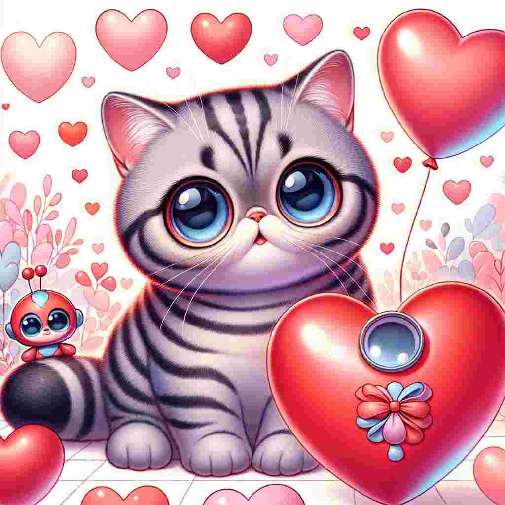 Create a whimsical Valentine's Day illustration featuring an Exotic Shorthair cat with big, love-filled eyes. The cat, with its gentle grey fur and subtle unique patterns, sits contently among a backdrop of soft pink and red hearts. Beside the cat, a figure that resembles a popular cartoon character, with characteristic round body and a propeller on its head, offers a shiny, heart-shaped balloon. The color palette comprises various shades of red, pink, and a touch of sky-blue reminiscent of the character's usual color, producing a lively and affectionate scene perfect for celebrating love.
Generated with these themes: Exotics short hair cat , and Doraemon .
Made with ❤️ by AI.