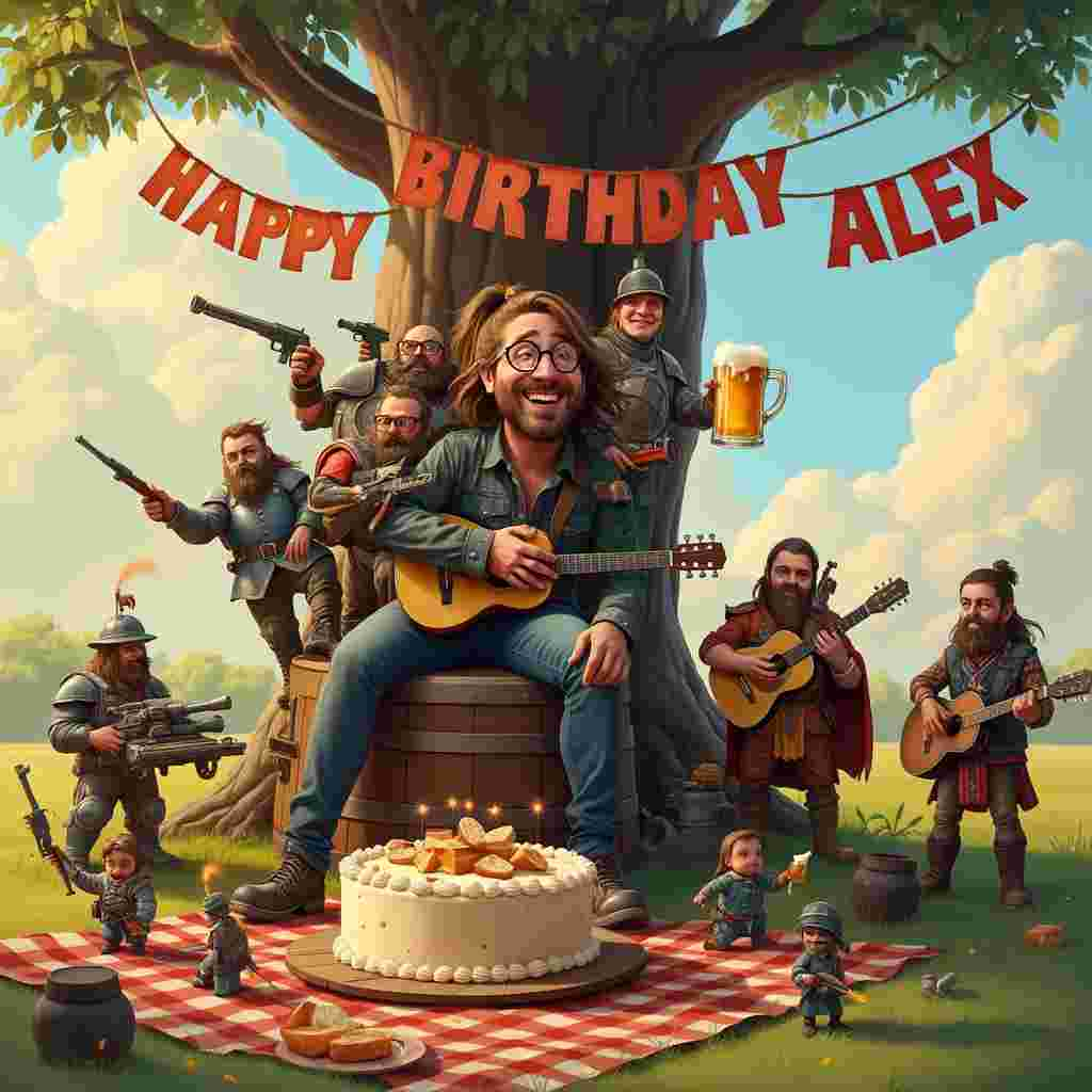 In the scene, imagine a whimsical outdoor setting bathed in the warm, golden hues of a late afternoon sun. At the heart of the illustration is Alex, a tall, early years male teacher with long, flowing hair tied back in a ponytail and round glasses perched on his nose. He is laughing heartily, revealing a carefree and joyous personality.

Alex is seated on a large wooden barrel, a pint of frothy beer in hand, surrounded by a diverse group of Warhammer models that seem to have come to life. These tiny, detailed soldiers, each clad in intricately painted armor and wielding an array of Warhammer guns, are playfully clambering over his shoulders and legs, their serious expressions in stark contrast to the festive atmosphere.

Behind Alex, a sturdy oak tree provides a natural backdrop. From one of its branches hangs a colorful "Happy Birthday Alex" banner, the letters crafted from shimmering, metallic paper that catches the sunlight. 

Next to the tree is a small, rustic wooden stage where an impromptu concert is taking place. Alex's friends, also Warhammer enthusiasts and teachers, are jamming together. One friend, with a bushy beard and long hair tied back, is strumming a classic acoustic guitar. Another, wearing round glasses similar to Alex's, is holding a small drum set. They're all dressed in casual, slightly whimsical outfits that blend the modern and fantastical, reminiscent of the Warhammer universe.

Scattered around the grassy field are several miniature Warhammer tanks and guns, repurposed as quirky decorations. There are also picnic blankets where friends and miniature Warhammer figures are enjoying a feast of bread, cheese, and more pints of beer. A large birthday cake sits in the center of one of these blankets, decorated with intricate icing that forms miniature Warhammer scenes, and topped with sparklers.

In the sky above, fluffy clouds take on the shapes of Warhammer vehicles and mythical creatures. Among these clouds, the letters "ALEX" are subtly formed, giving a magical touch to the birthday celebration.

Every detail in the scene, from the expressions on the Warhammer figures to the textures of the beer foam and the fabric of the picnic blankets, is meticulously crafted, blending the illustrative charm of Beatrix Potter with the fantastical detail of Maurice Sendak and Arthur Rackham. The overall composition, vibrant and filled with joyful chaos, is a tribute to Alex's passions and personality.
Generated with these themes: Warhammer models , Male Early years Teacher , Beer drinking, Long hair, Round Glasses, Guitar, Male teacher , Laugh, Tall, Warhammer guns, and Pony tail hair.
Made with ❤️ by AI.