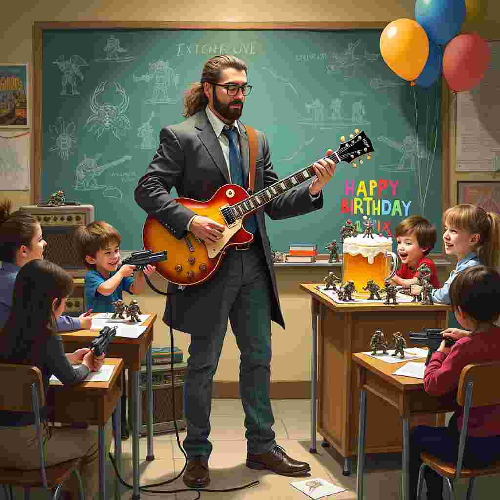 In the center of the card, a tall male teacher with long, flowing ponytail hair and round glasses stands proudly, reminiscent of a heroic figure from a Warhammer scene. His classroom is a whimsical battlefield where Warhammer models, both futuristic soldiers and fantastical creatures, are strategically placed among desks and bookshelves. The teacher, Alex, strums an electric guitar painted with Warhammer insignia, evoking a sense of battle anthems and epic quests.

Alex is surrounded by a lively group of young students, each one holding a Warhammer model, their faces lit with excitement. Some students are playfully pretending to shoot Warhammer guns, their imaginations running wild. One student is holding a banner that reads "Happy Birthday, Alex" in bright, colorful letters, reminiscent of Quentin Blake's playful lettering.

In the background, a large chalkboard is filled with intricate sketches of Warhammer figures and battle strategies, drawn in the detailed style of Gustave Doré. On the teacher's desk sits a massive birthday cake, with "Alex" written in icing, surrounded by tiny Warhammer models in the style of Beatrix Potter's charming animal figures.

Hanging above the scene are streamers and balloons, one of which has "Happy Birthday, Alex" scrawled across it. Near the corner of the classroom, a group of miniature Warhammer soldiers are climbing up the side of a giant beer mug, their expressions of determination painted with the finesse of Norman Rockwell.

Finally, a soft golden light, inspired by Maxfield Parrish's glowing hues, streams through the classroom windows, illuminating the scene and highlighting the joy and camaraderie. The walls are adorned with posters of famous Warhammer battles, and a vintage Warhammer guitar amp sits next to Alex, giving the impression of a rock concert about to break out amidst the learning and laughter.
Generated with these themes: Warhammer models , Male Early years Teacher , Beer drinking, Long hair, Round Glasses, Guitar, Male teacher , Laugh, Tall, Warhammer guns, and Pony tail hair.
Made with ❤️ by AI.