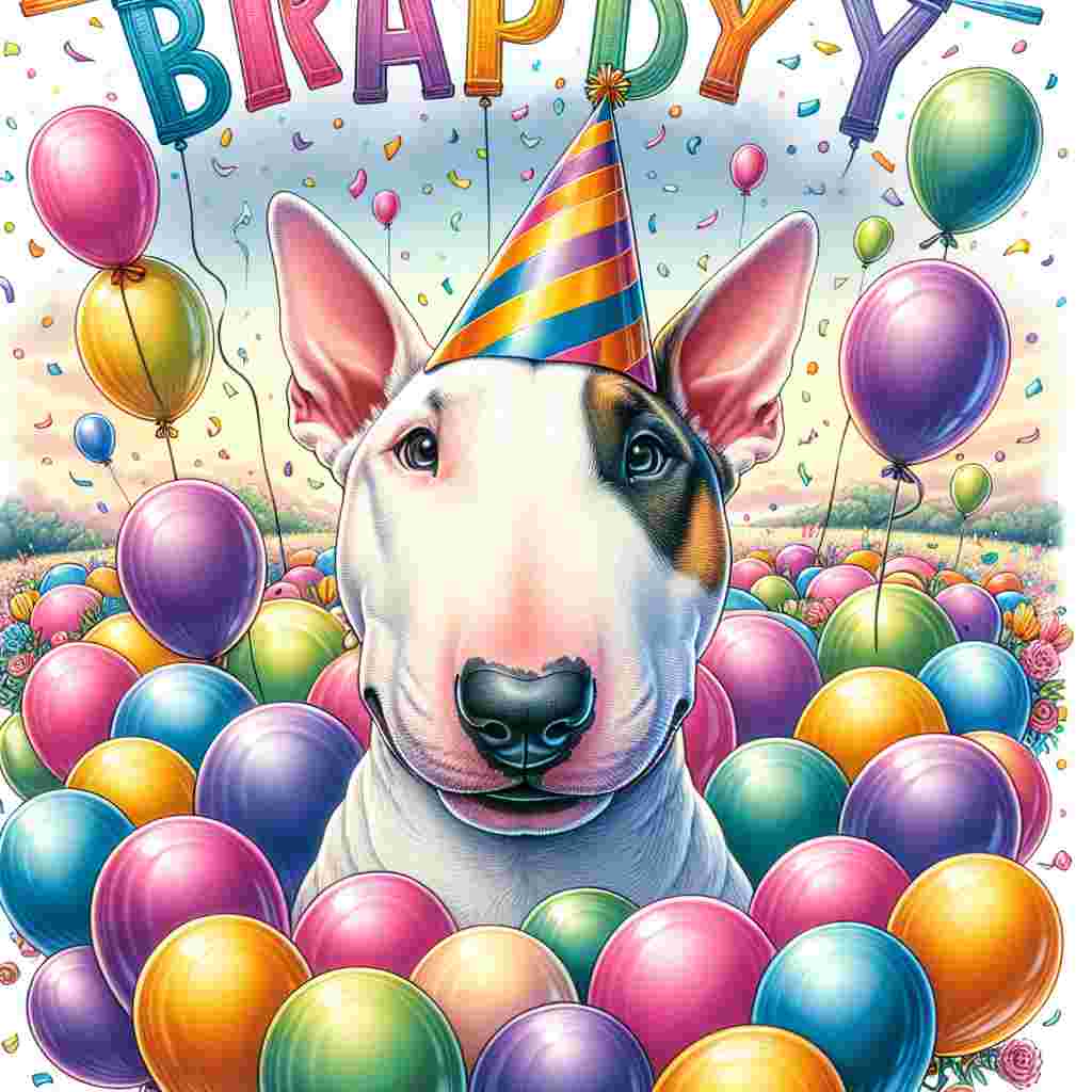 A whimsical illustration features a cheerful Bull Terrier wearing a party hat amidst colorful balloons. In the background, a banner with the text 'Happy Birthday' is draped across a backdrop of pastel confetti.
Generated with these themes: Bull Terrier  .
Made with ❤️ by AI.