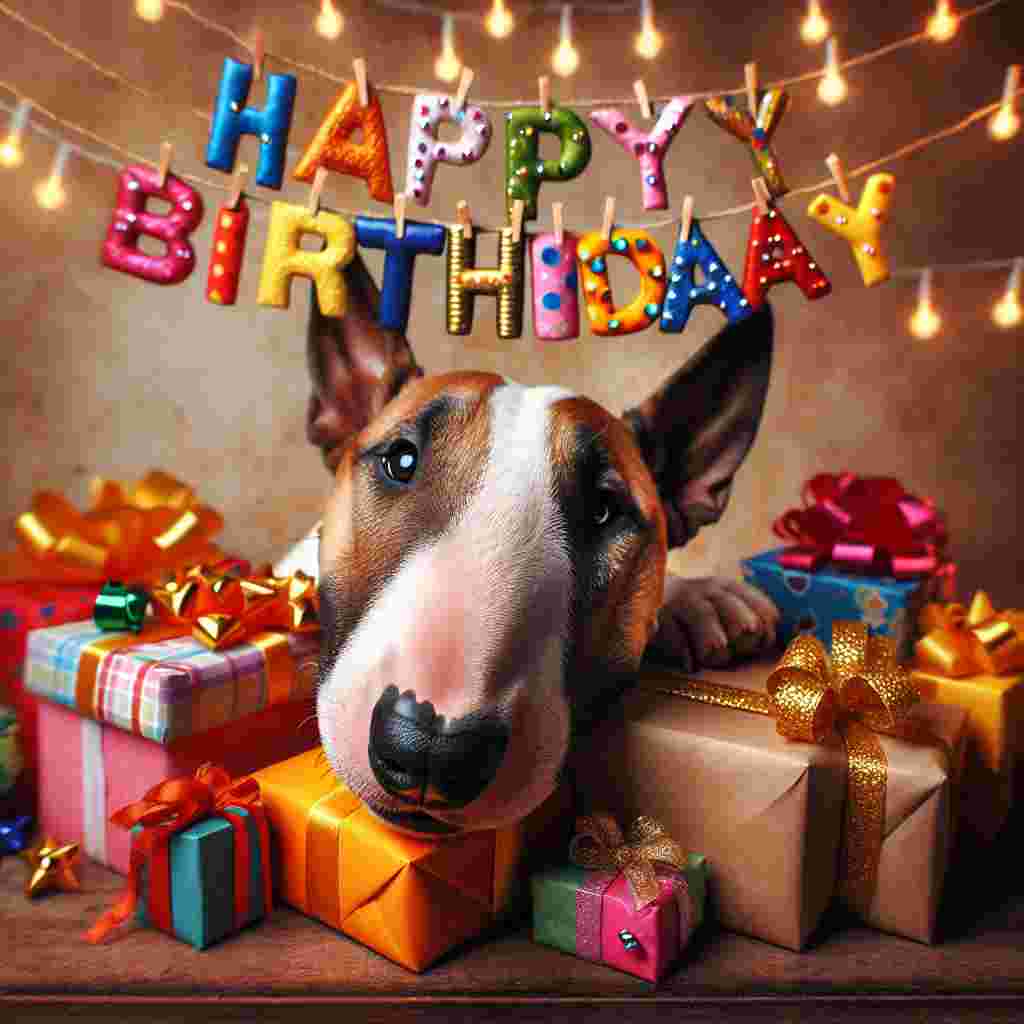 An endearing scene where a playful Bull Terrier is peeking out from behind a pile of wrapped birthday presents. Above its head, the 'Happy Birthday' message is crafted out of colorful letters hanging from a string of fairy lights.
Generated with these themes: Bull Terrier  .
Made with ❤️ by AI.