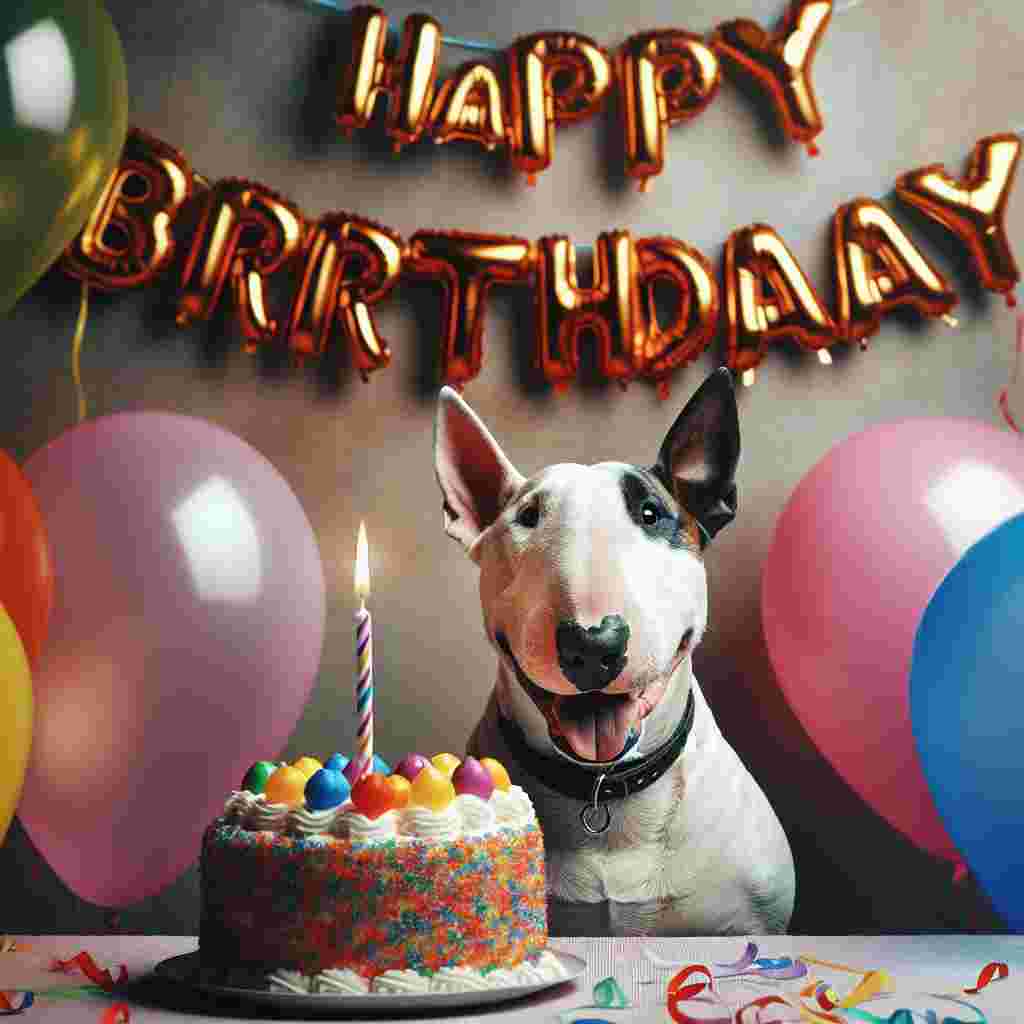 The illustration showcases a Bull Terrier with a big, contented smile, sitting in front of a birthday cake adorned with a single candle. The scene includes party streamers, and the words 'Happy Birthday' float above in balloon letters.
Generated with these themes: Bull Terrier  .
Made with ❤️ by AI.