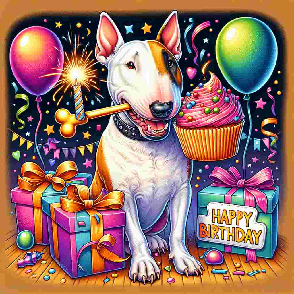 This heartwarming illustration captures a Bull Terrier holding a gift in its mouth, surrounded by party favors and a cupcake with a sparkler. The 'Happy Birthday' greeting is etched on a bone-shaped sign propped next to the dog.
Generated with these themes: Bull Terrier  .
Made with ❤️ by AI.