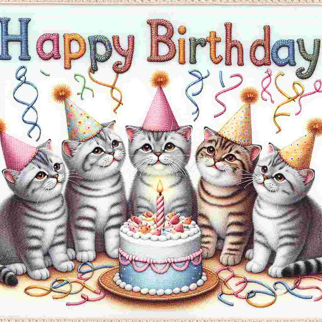An adorable illustration shows a group of European Shorthair cats wearing tiny birthday hats, playing amidst streamers and birthday cake. The 'Happy Birthday' message is artfully integrated into the festive background.
Generated with these themes: European Shorthair Birthday Cards.
Made with ❤️ by AI.