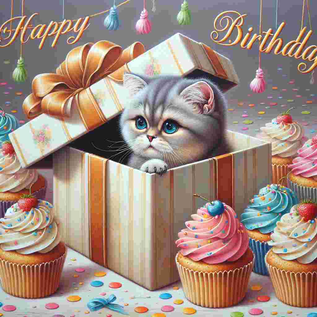 A delightful scene of a European Shorthair kitten peeking out of a gift box, surrounded by cupcakes and confetti. Above the kitten, the cheerful greeting 'Happy Birthday' is prominently displayed.
Generated with these themes: European Shorthair Birthday Cards.
Made with ❤️ by AI.