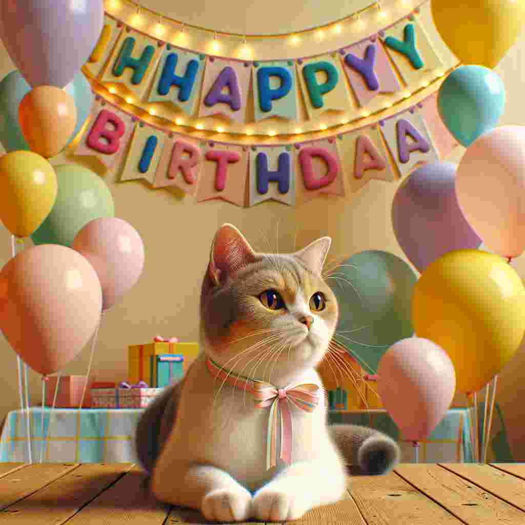 A single European Shorthair lounges in the foreground with a ribbon collar, with a birthday banner strung up behind. Balloons and a soft, pastel 'Happy Birthday' complete the warm, inviting scene.
Generated with these themes: European Shorthair Birthday Cards.
Made with ❤️ by AI.