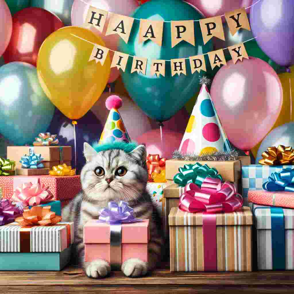 A charming European Shorthair cat donning a colorful party hat sits beside a mound of presents, with balloons floating in the background. The words 'Happy Birthday' are inscribed above in playful, bold letters.
Generated with these themes: European Shorthair Birthday Cards.
Made with ❤️ by AI.