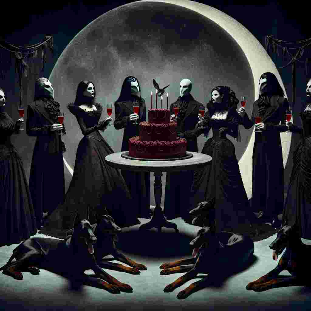 Imagine a birthday scene with a twist reminiscent of gothic film aesthetics, where long, shadowy figures, reminiscent of characters from a 19th-century Gothic novel, are celebrating under a thin crescent moon. The centerpiece of their celebration is a deep red velvet cake, beautifully decorated with detailed icing cobwebs. Gathered around the table are spectrally pale vampires dressed in traditional Victorian attire, each holding delicate champagne flutes filled with a deep red liquid. Completing this image, at their feet rest loyal Dobermans, their sleek black fur blending into the surrounding darkness, their eyes glowing with a supernatural sheen.
Generated with these themes: Vampires, Doberman, and Tim burton.
Made with ❤️ by AI.