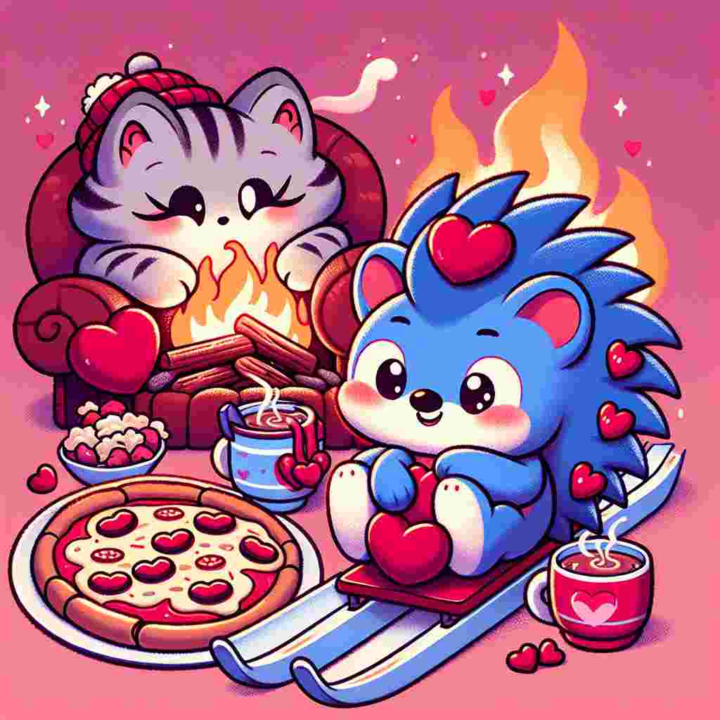 A heartwarming Valentine's Day-themed cute illustration featuring a cozy scene. A couple of delightful feline companions are cuddling by a gently crackling fire. In the foreground, a blue, anthropomorphic hedgehog character, distinguishable by his speed and quirky personality, is playfully sliding down a luge track shaped like a heart, his quills adorned with little red hearts. By their side, a tempting, steaming hot pizza topped with heart-shaped pepperoni waits next to two mugs of comforting hot chocolate. The tantalizing smell of food and cocoa fills the air, completing this endearing and romantic depiction.
Generated with these themes: Cats, Sonic the hedgehog , Fire, Luge, Pizza, and Hot chocolate .
Made with ❤️ by AI.