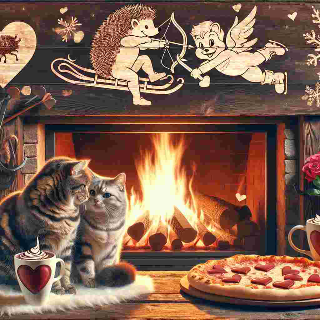 Create an image of a quaint Valentine's Day scene with two cats of different fur colors, engaging in a display of affection by nuzzling each other beside a roaring fire. Above the flames, etched into the wooden mantelpiece, is an anthropomorphic hedgehog with a cupid's bow, paying homage to classic cartoons. The image also incorporates a winter sports touch picturing a luge sled adorned with hearts resting nearby. In the spirit of the holiday, there is a pizza in the forefront, topped with heart-shaped toppings, while a pair of hot chocolate mugs, one slightly smaller than the other, add a sweet touch to the ambient warmth of this festive day.
Generated with these themes: Cats, Sonic the hedgehog , Fire, Luge, Pizza, and Hot chocolate .
Made with ❤️ by AI.