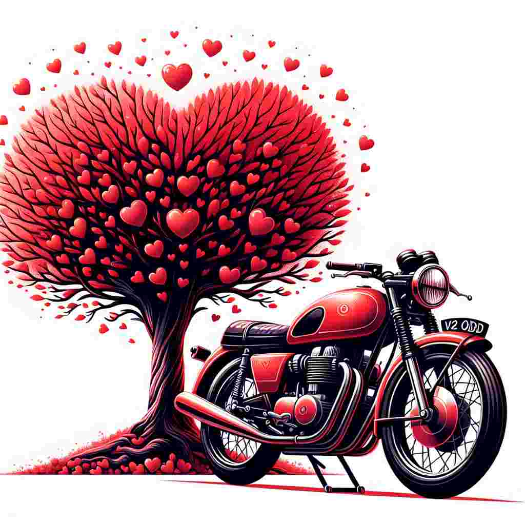 Create a touching Valentine's Day illustration where a gleaming red motorcycle of non-specific branding stands out with its original 'V2 ODD' number plate. Next to it, a tree teems with branches laden with bright red hearts, enhancing the loving theme and forming an exquisite balance of devotion for both wilderness and the excitement of motorcycling.
Generated with these themes: Red Harley Davidson Motor bike, and Registration V2 ODD, Tree red hearts.
Made with ❤️ by AI.