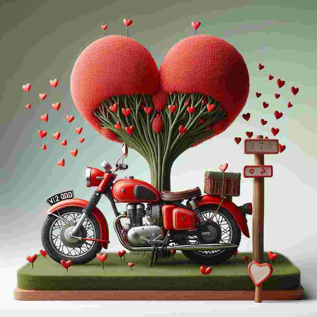 Create a whimsical scene portraying Valentine's Day. The central element of this scene is a vivid red motorbike that's reminiscent of classic road adventures. The motorcycle has a unique registration plate, 'V2 ODD', that clearly identifies it. It is parked under a distinctive tree that, instead of ordinary leaves, is adorned with red hearts. Such a combination signifies a blend of love and adventure, giving a unique twist to the traditional symbols associated with this special day.
Generated with these themes: Red Harley Davidson Motor bike, and Registration V2 ODD, Tree red hearts.
Made with ❤️ by AI.